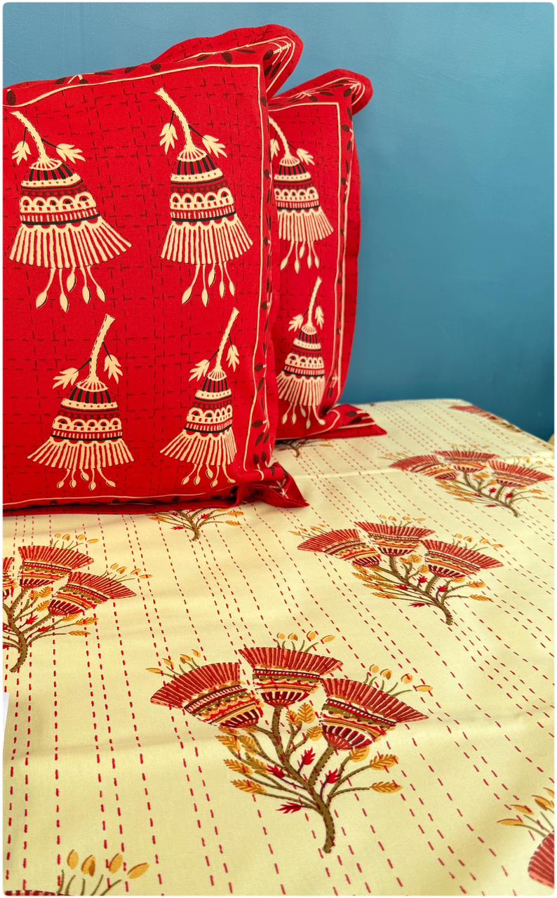 Royal Ethnic Cream Red –150 TC Luxury Bed Cover