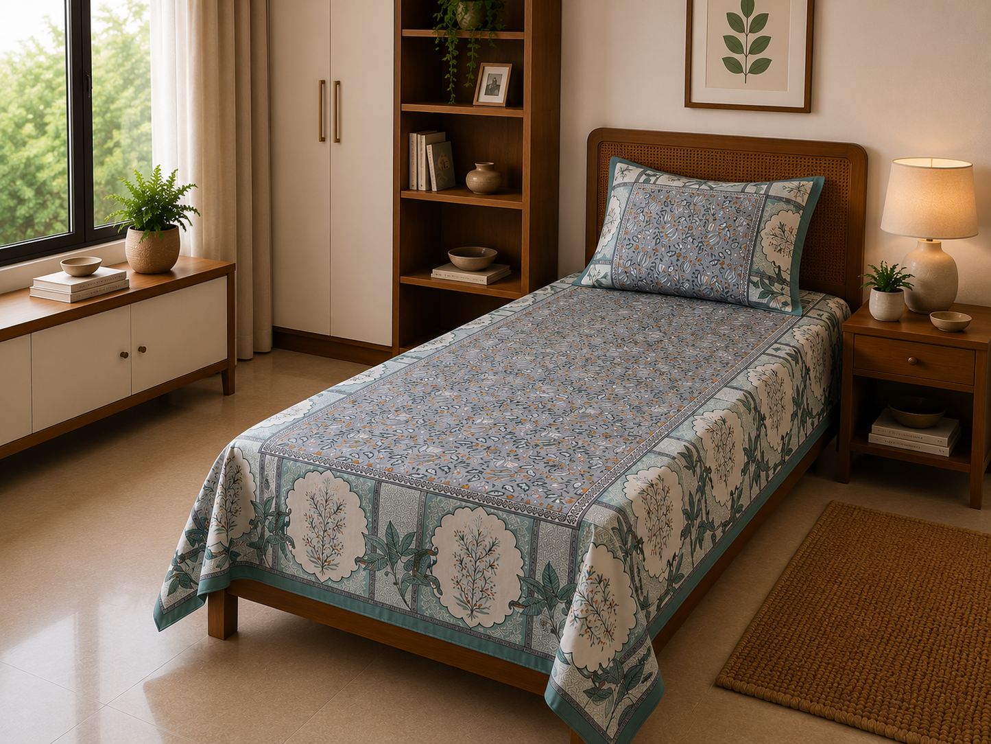 Ethnic Motif Premium Single Bedsheet - Grey & Aqua