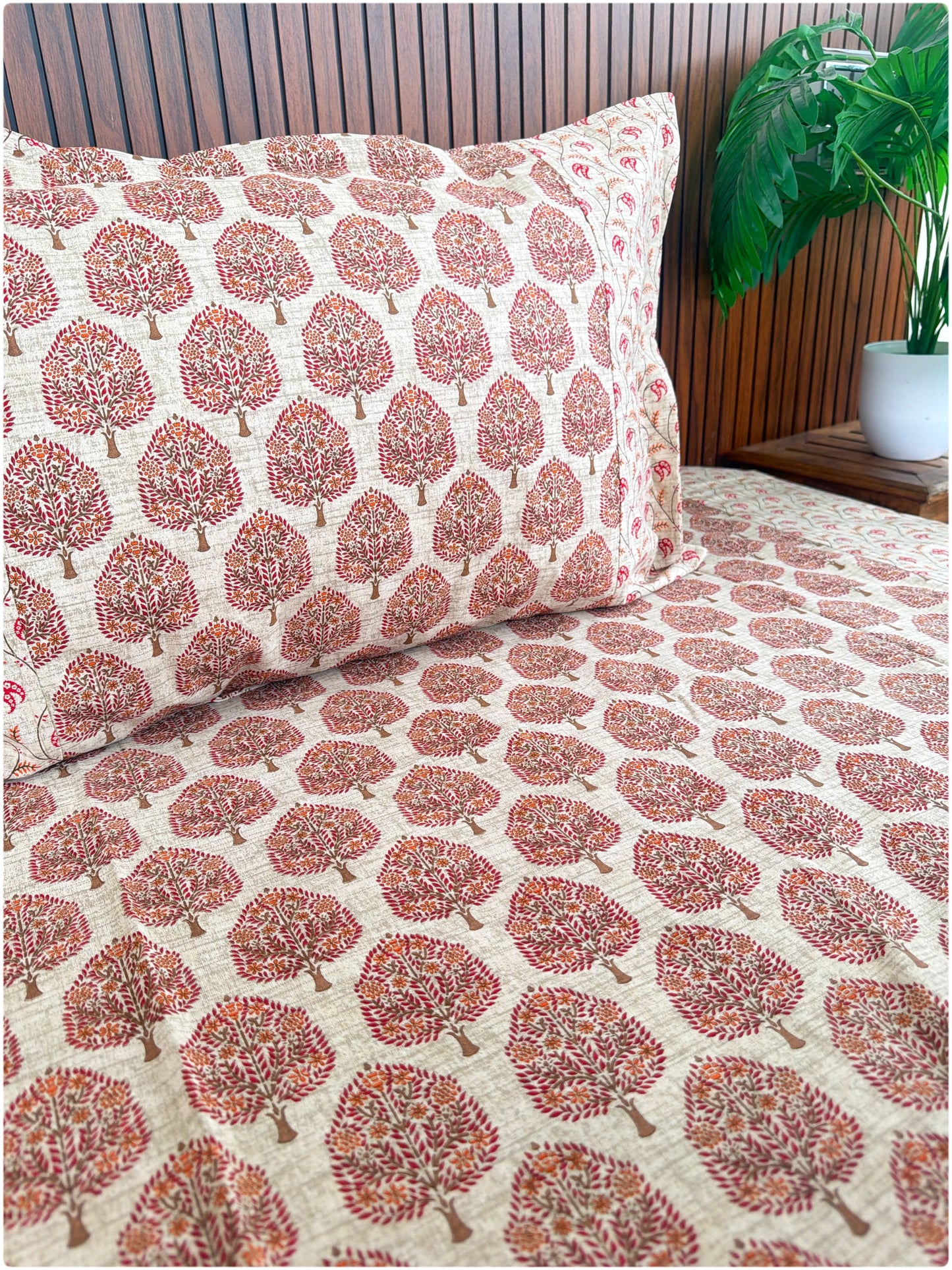 Ethnic Premium Queen Size Bedsheet - Beige & Maroon