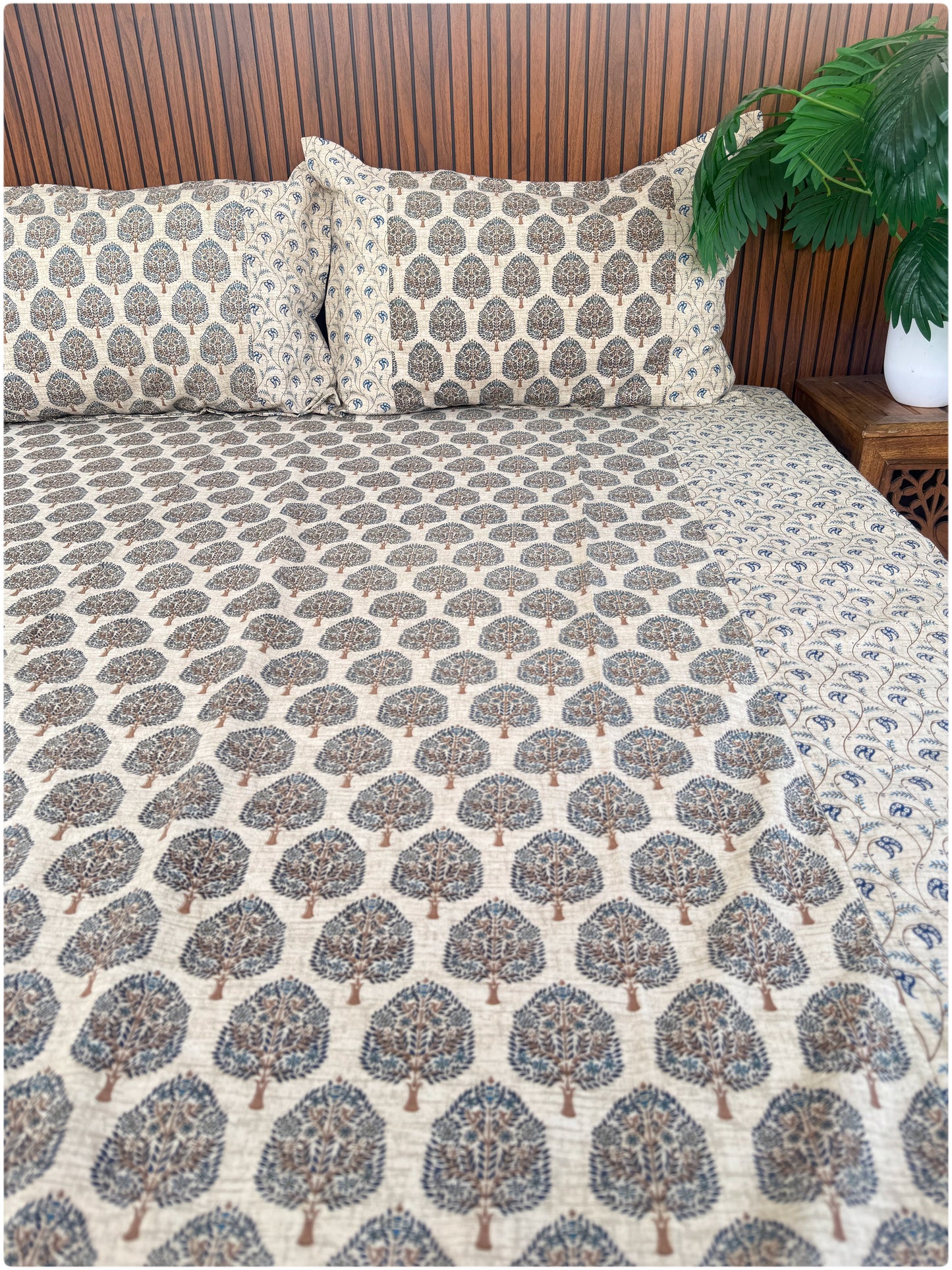 Ethnic Premium Queen Size Bedsheet - Beige & Navy
