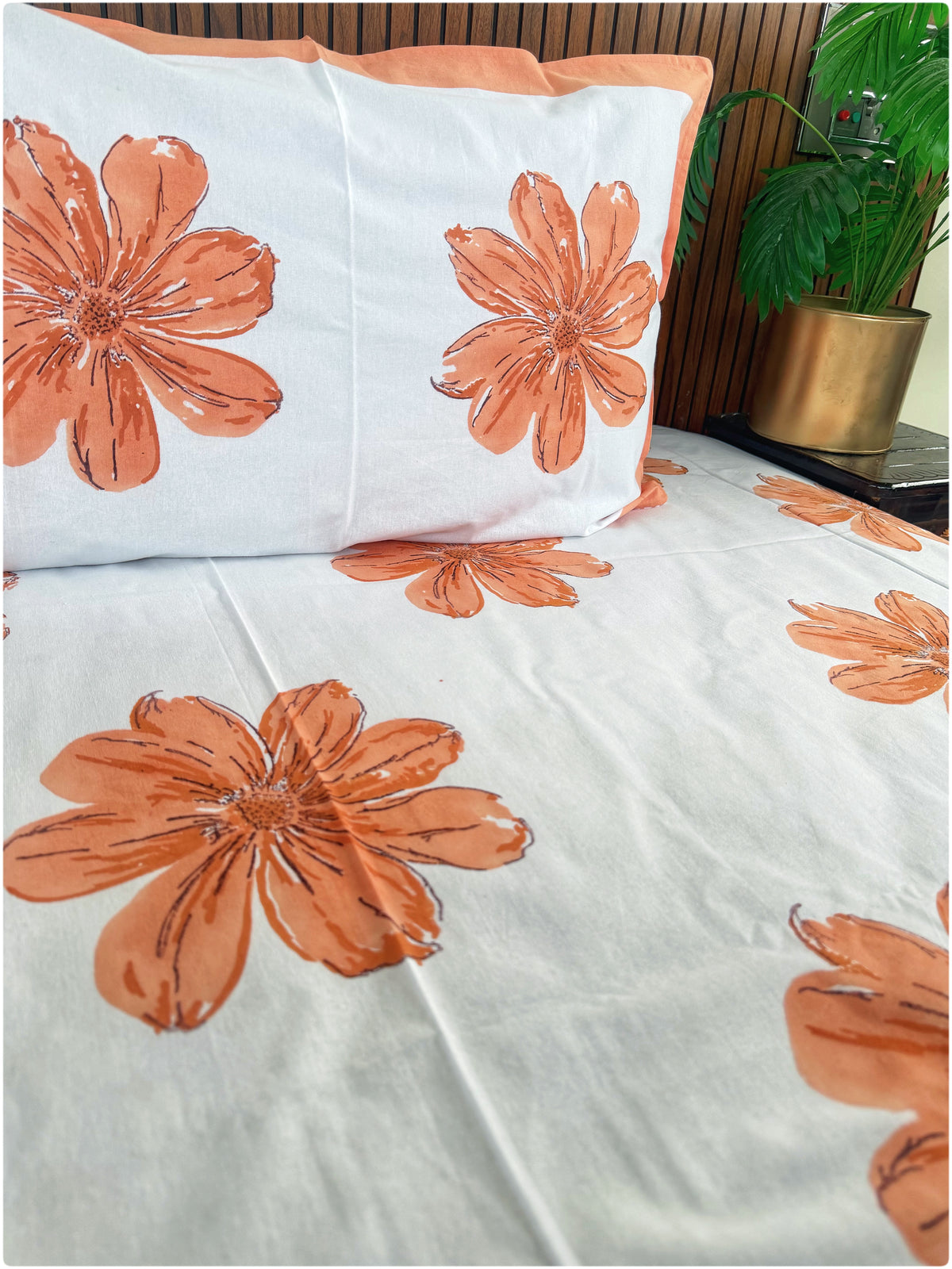 White & Orange OG Handblock Bedsheet