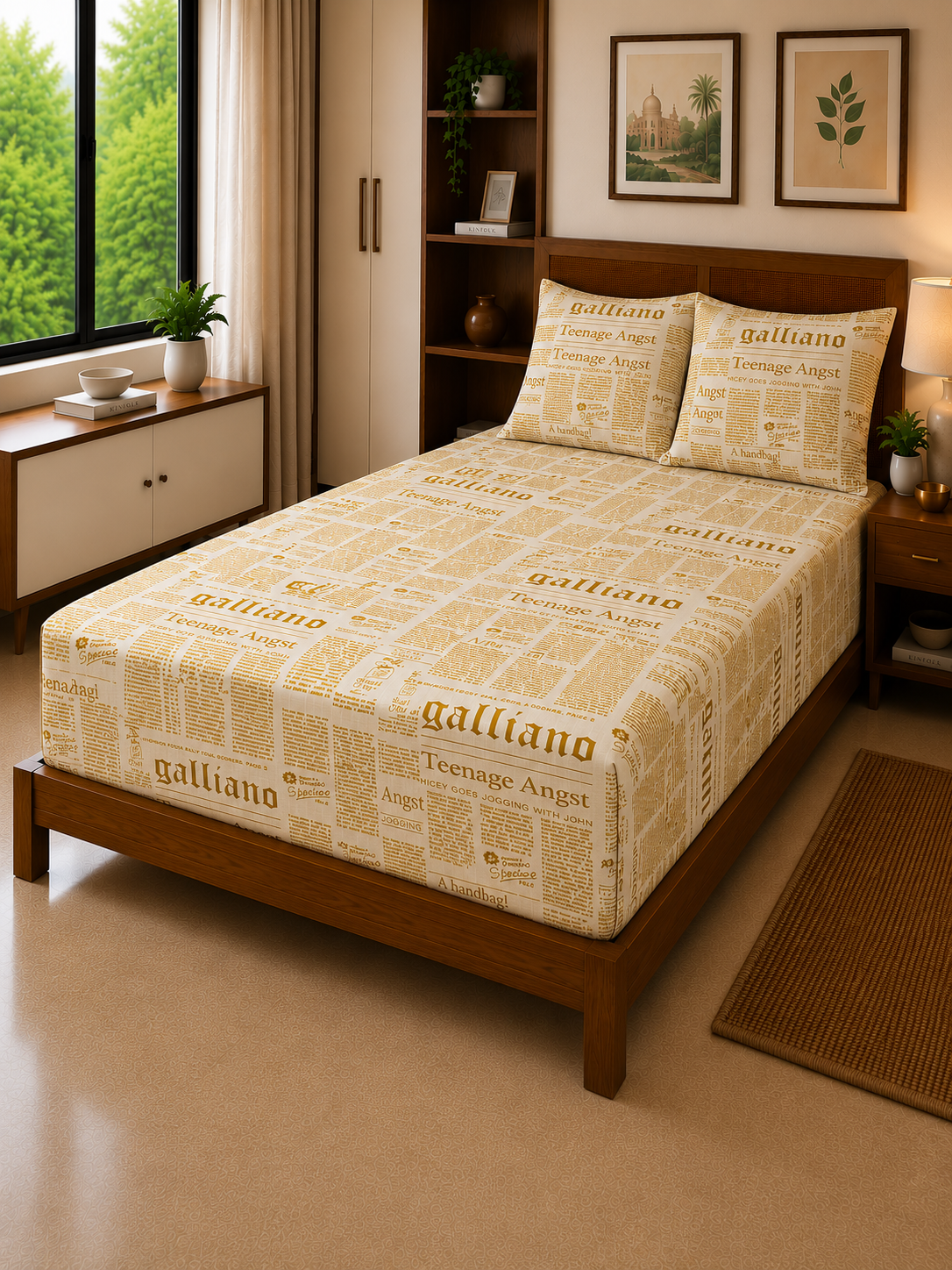 Mustard Newspaper Vintage – Premium Bed Sheet Set 300 TC