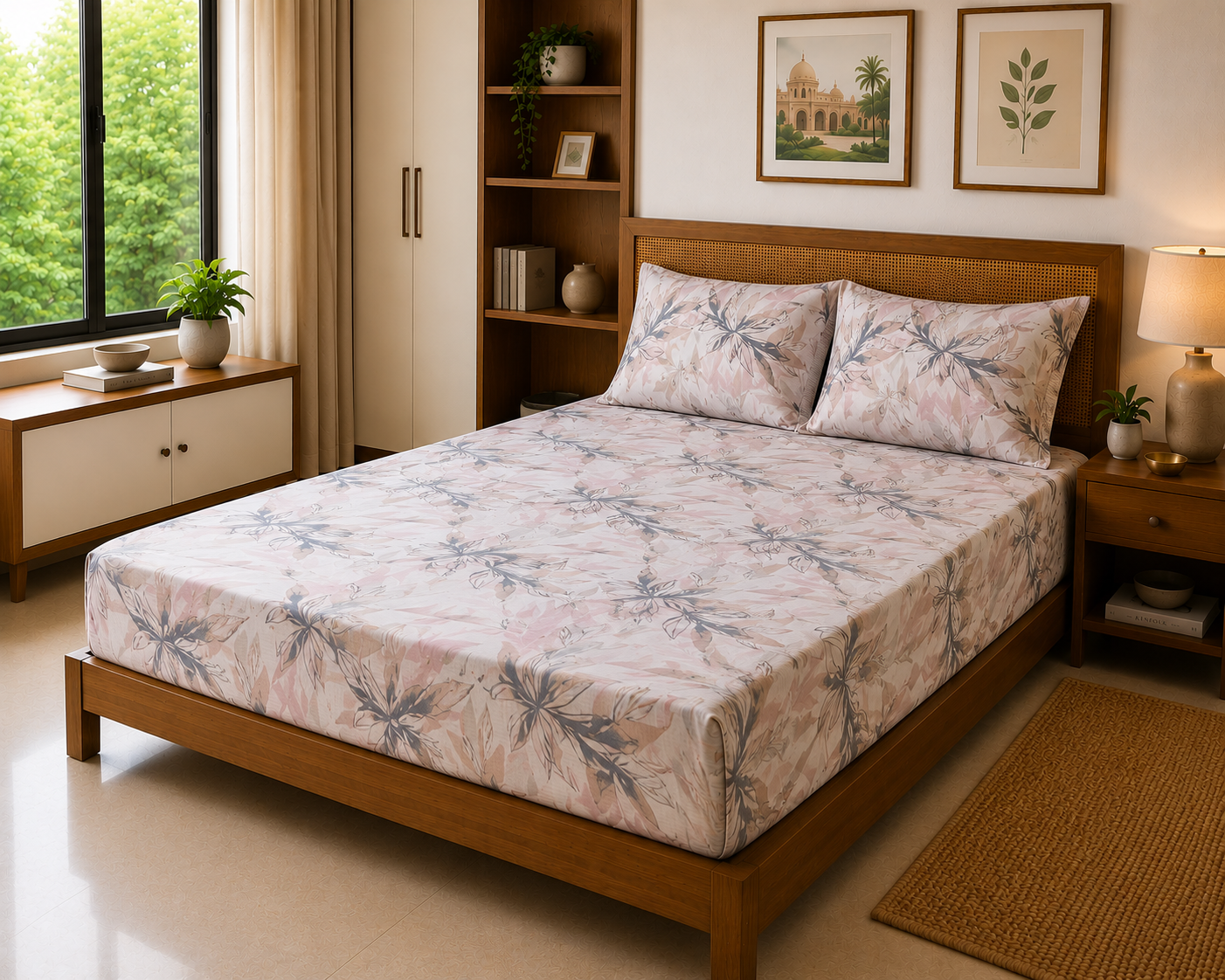Leaves Blush Pink – 120 TC Luxe Bed Sheet