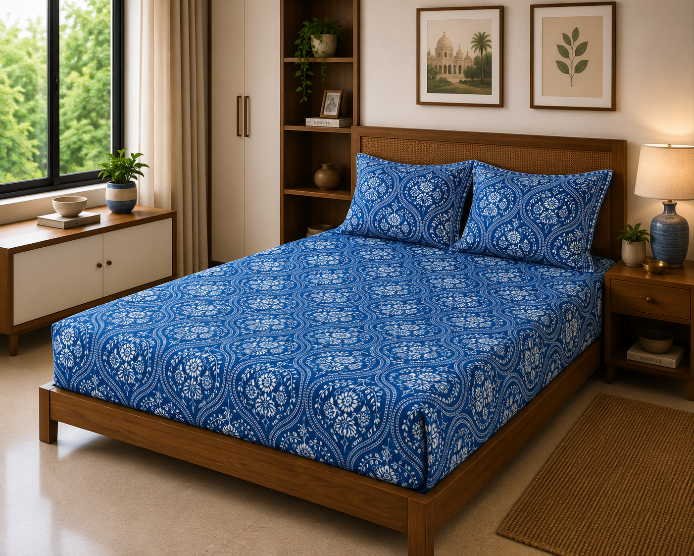 Royal Blue Floral Luxe – 120 TC Premium Bed Sheet Set