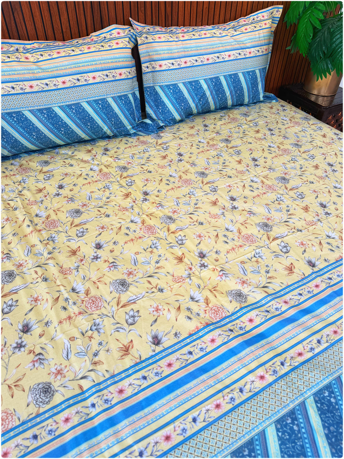 Lemon & Blue Floral Super King Bedsheet