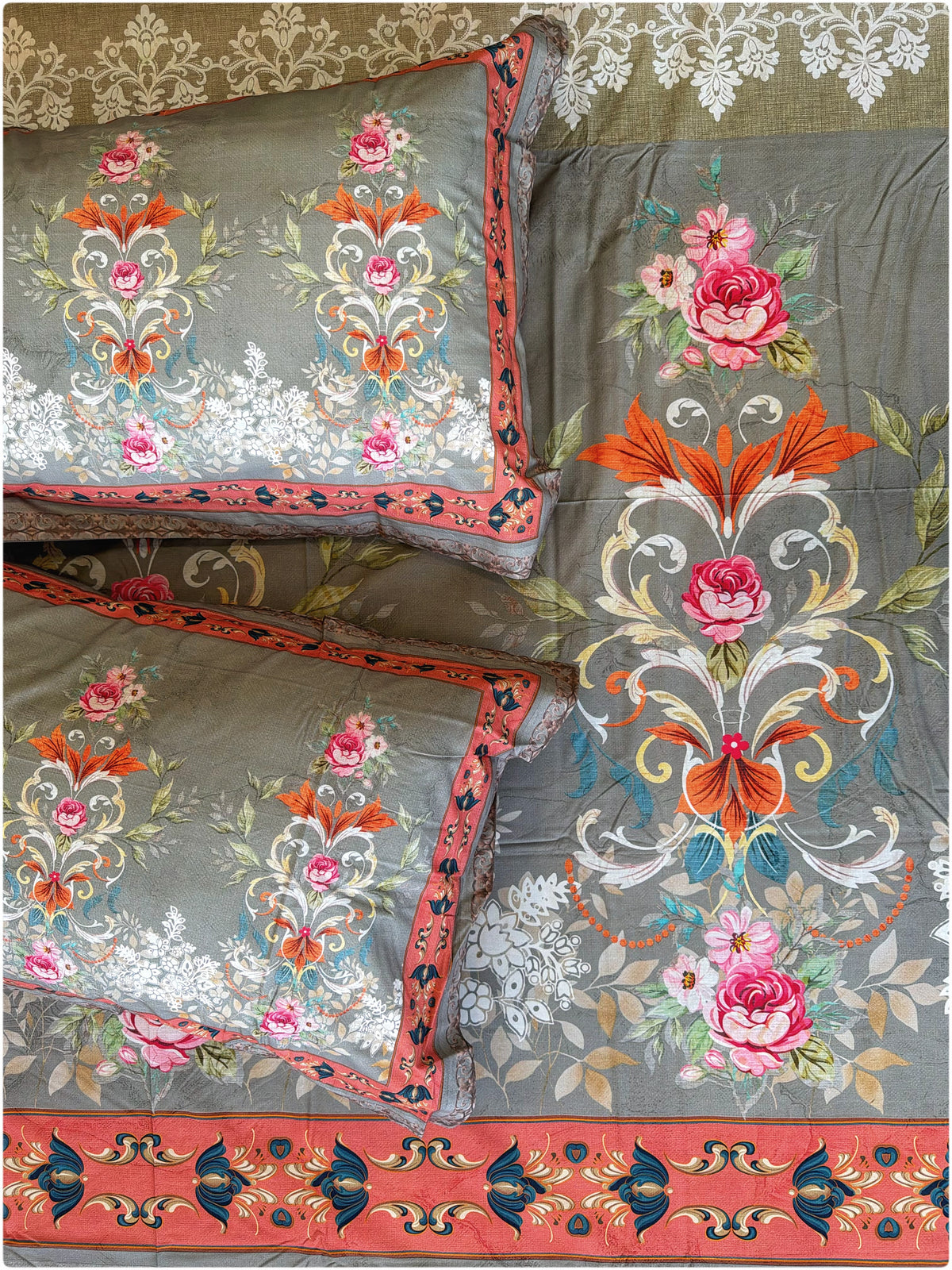 French Grey Floral Super King Bedsheet