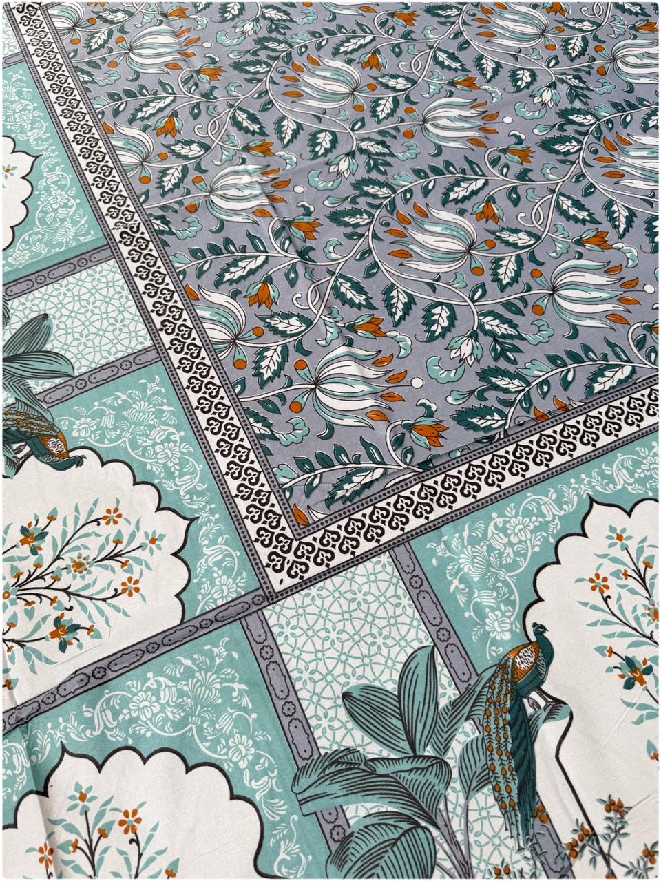 Ethnic Motif Premium Single Bedsheet - Grey & Aqua