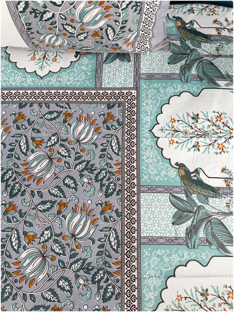 Ethnic Motif Premium Single Bedsheet - Grey & Aqua