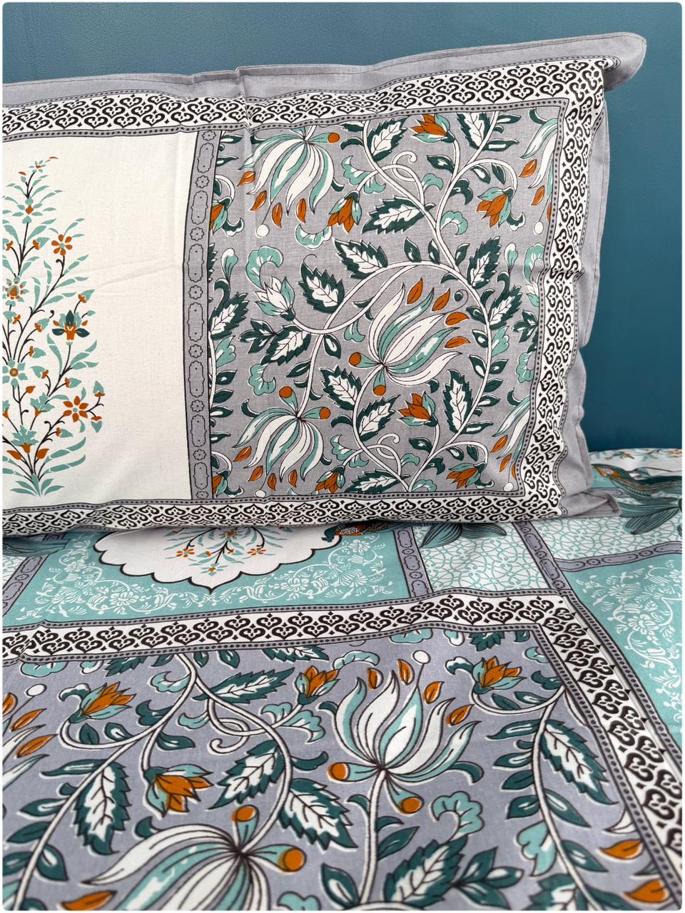 Ethnic Motif Premium Single Bedsheet - Grey & Aqua