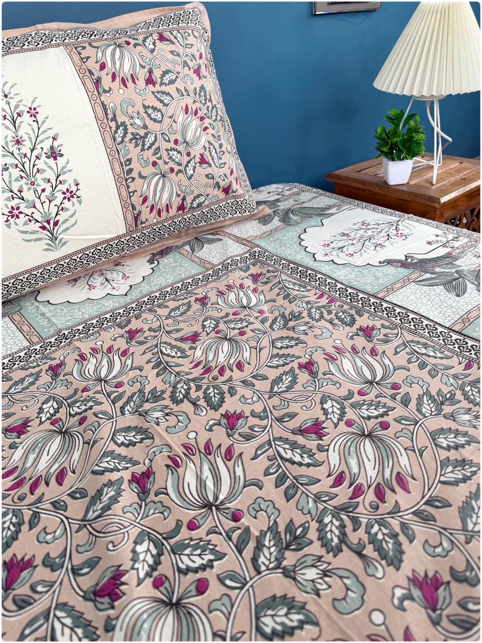 Ethnic Motif Premium Single Bedsheet - Nude Pink & Mint