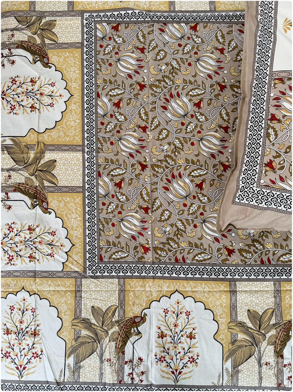 Ethnic Motif Premium Single Bedsheet - Beige & Gold