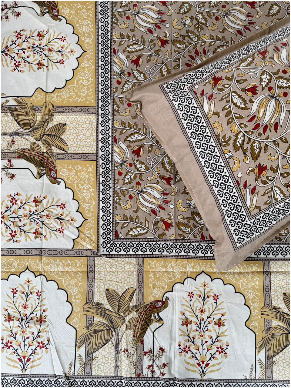 Ethnic Motif Premium Single Bedsheet - Beige & Gold