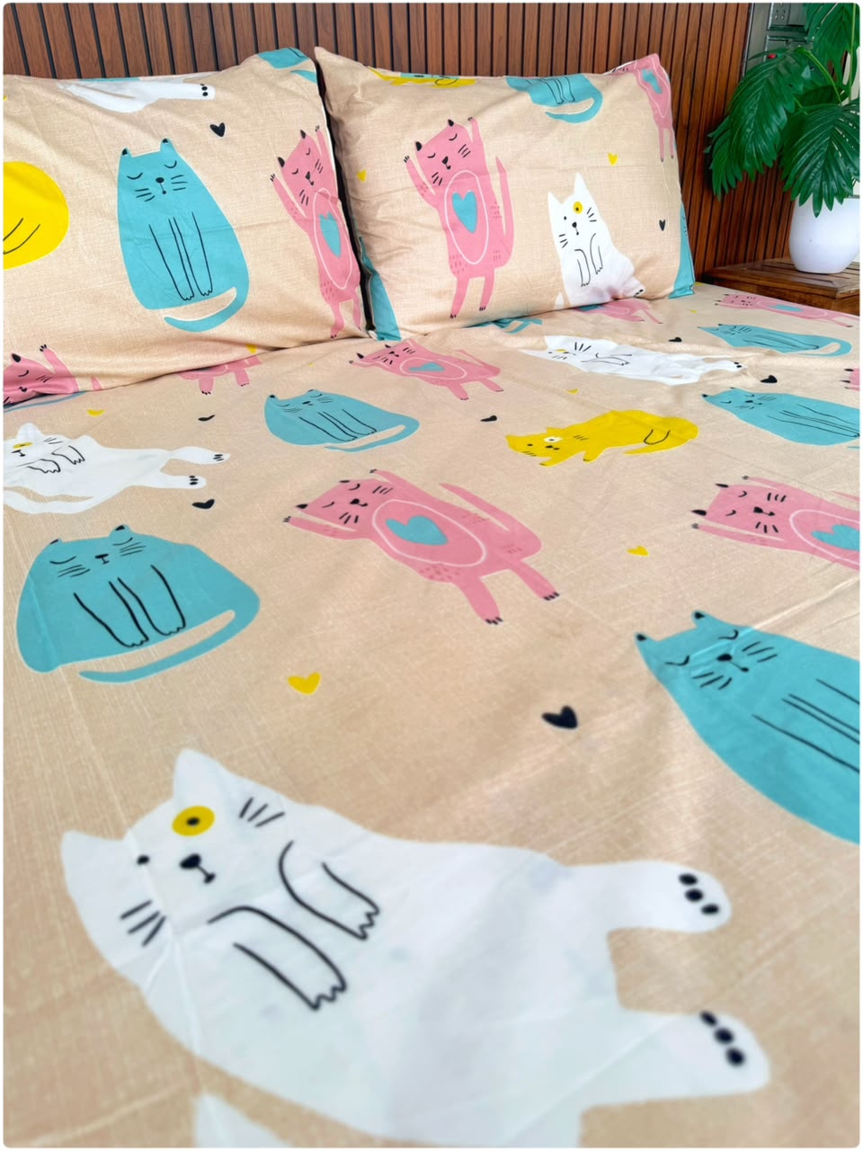 Beige Cat Printed - Kids Bedsheet