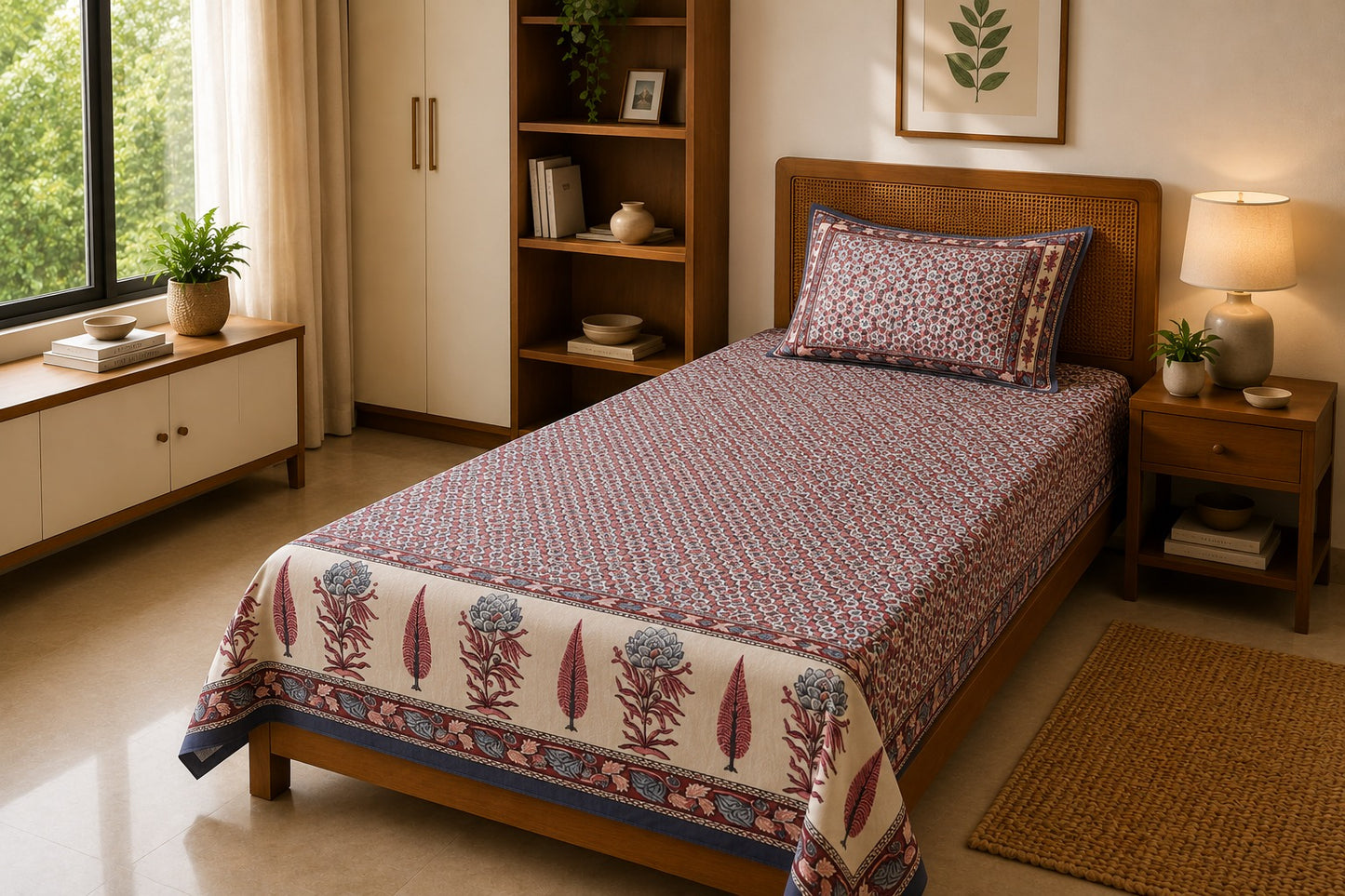 Heritage Printed Single Cotton Bedsheet - Maroon
