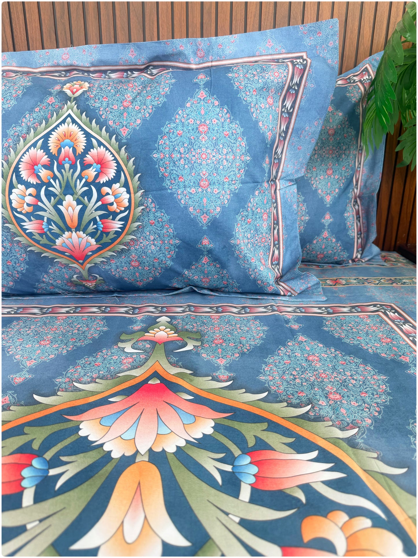 Ethnic Premium Super King Size Bedsheet - 300TC - Blue