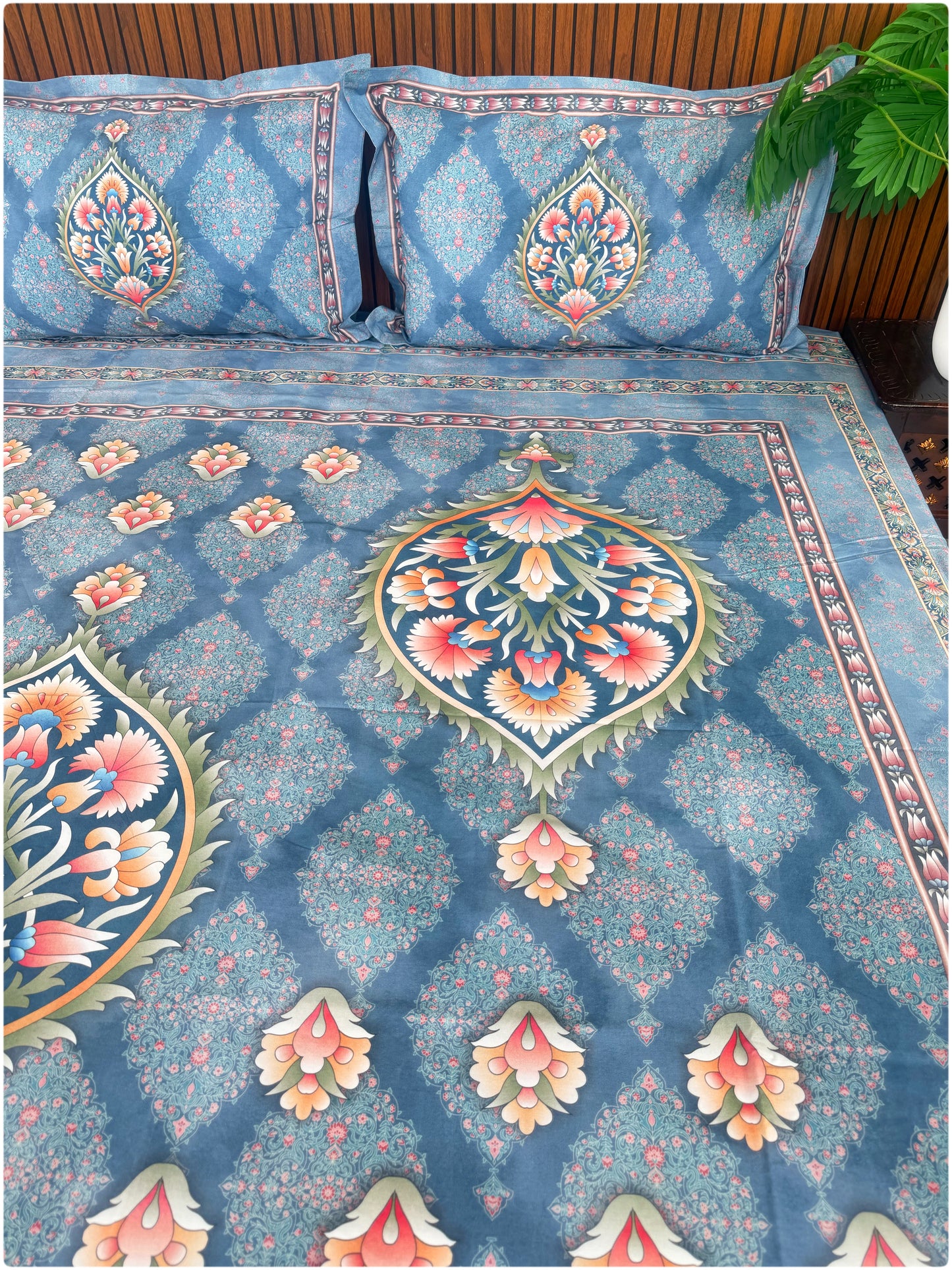 Ethnic Premium Super King Size Bedsheet - 300TC - Blue