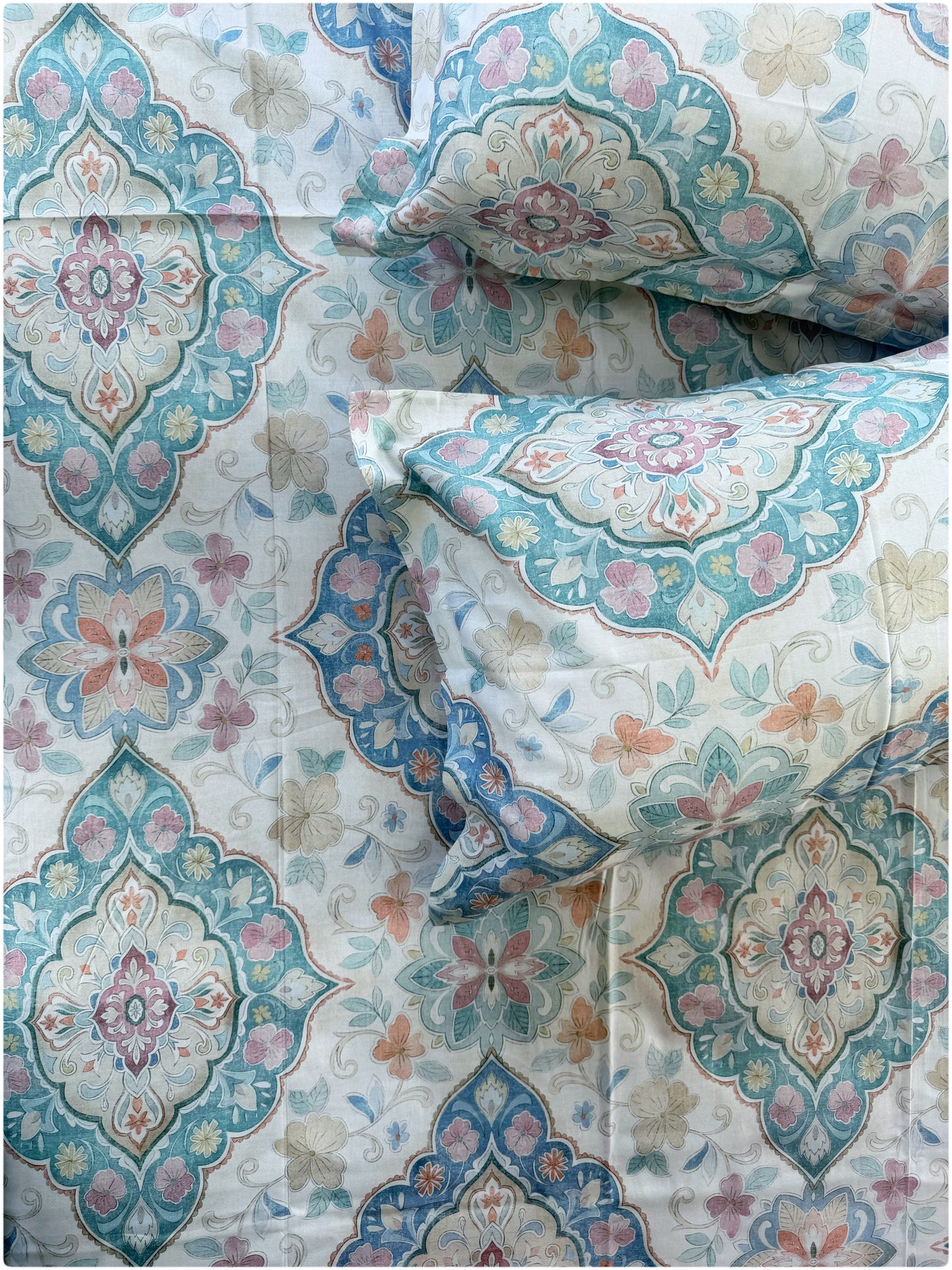 Ethnic Premium Super King Size Bedsheet - 300TC - White Multi Color