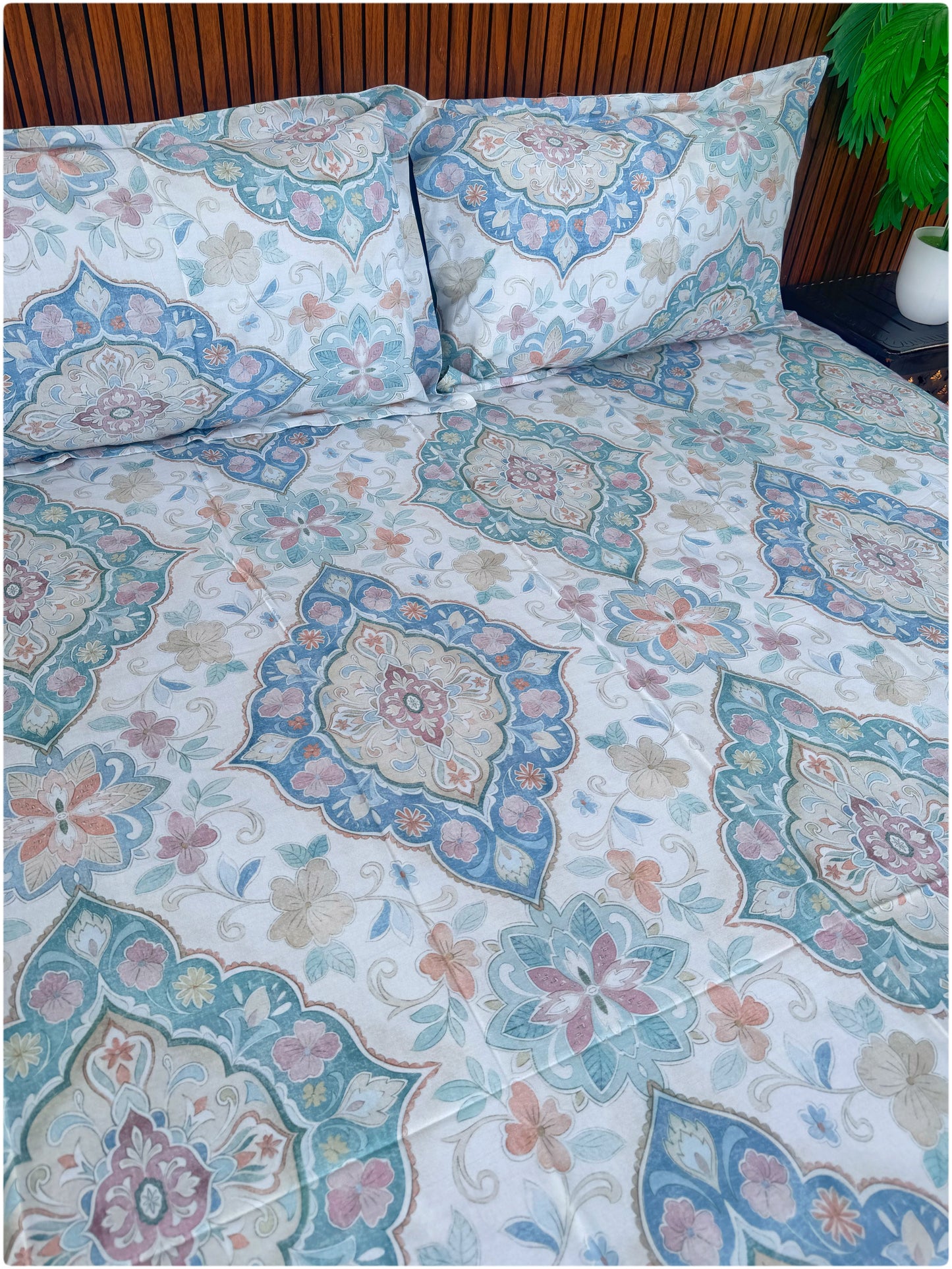 Ethnic Premium Super King Size Bedsheet - 300TC - White Multi Color