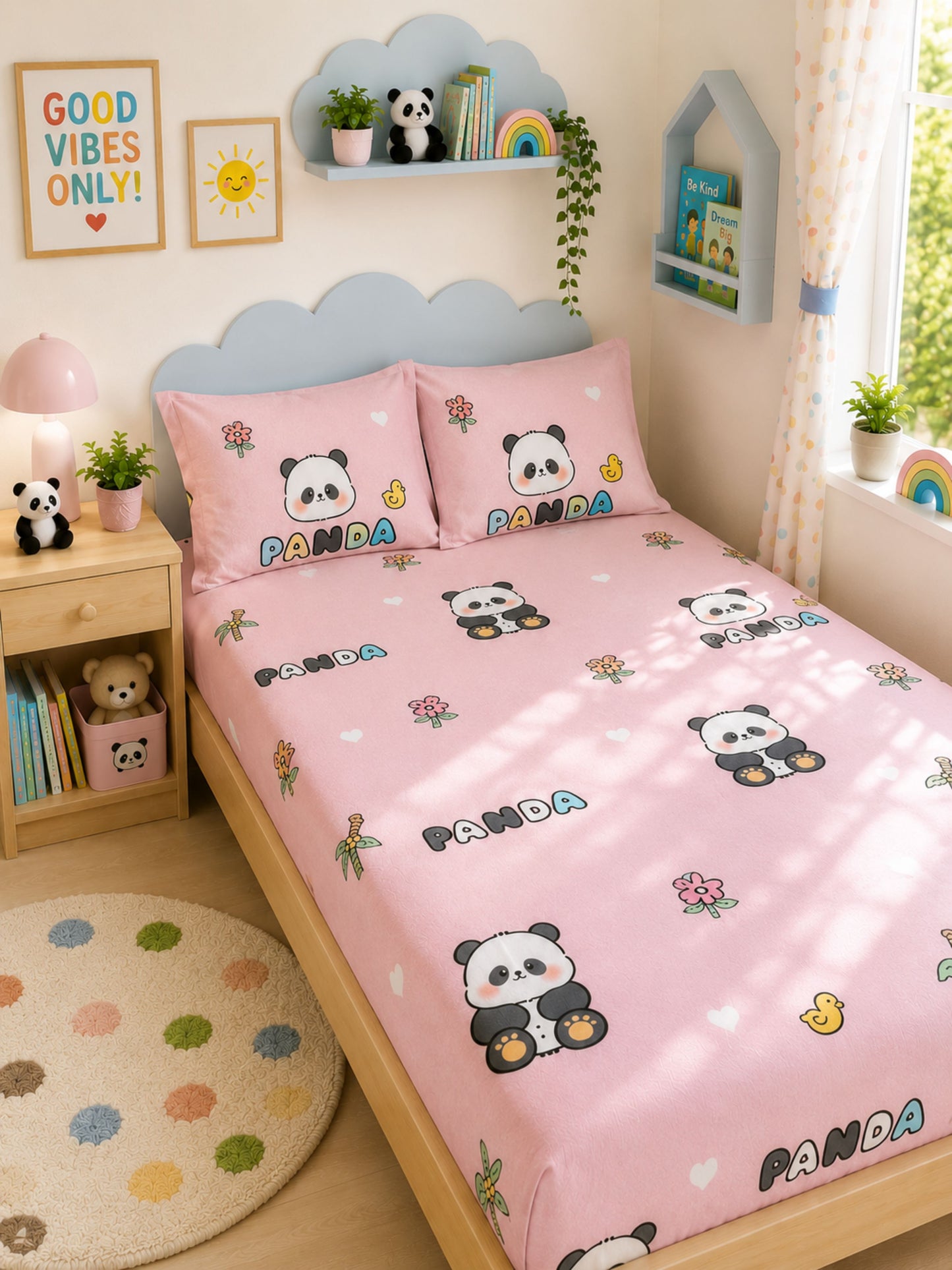 Panda Peach Joy – Kids Happy Bed Sheet Set 180 TC