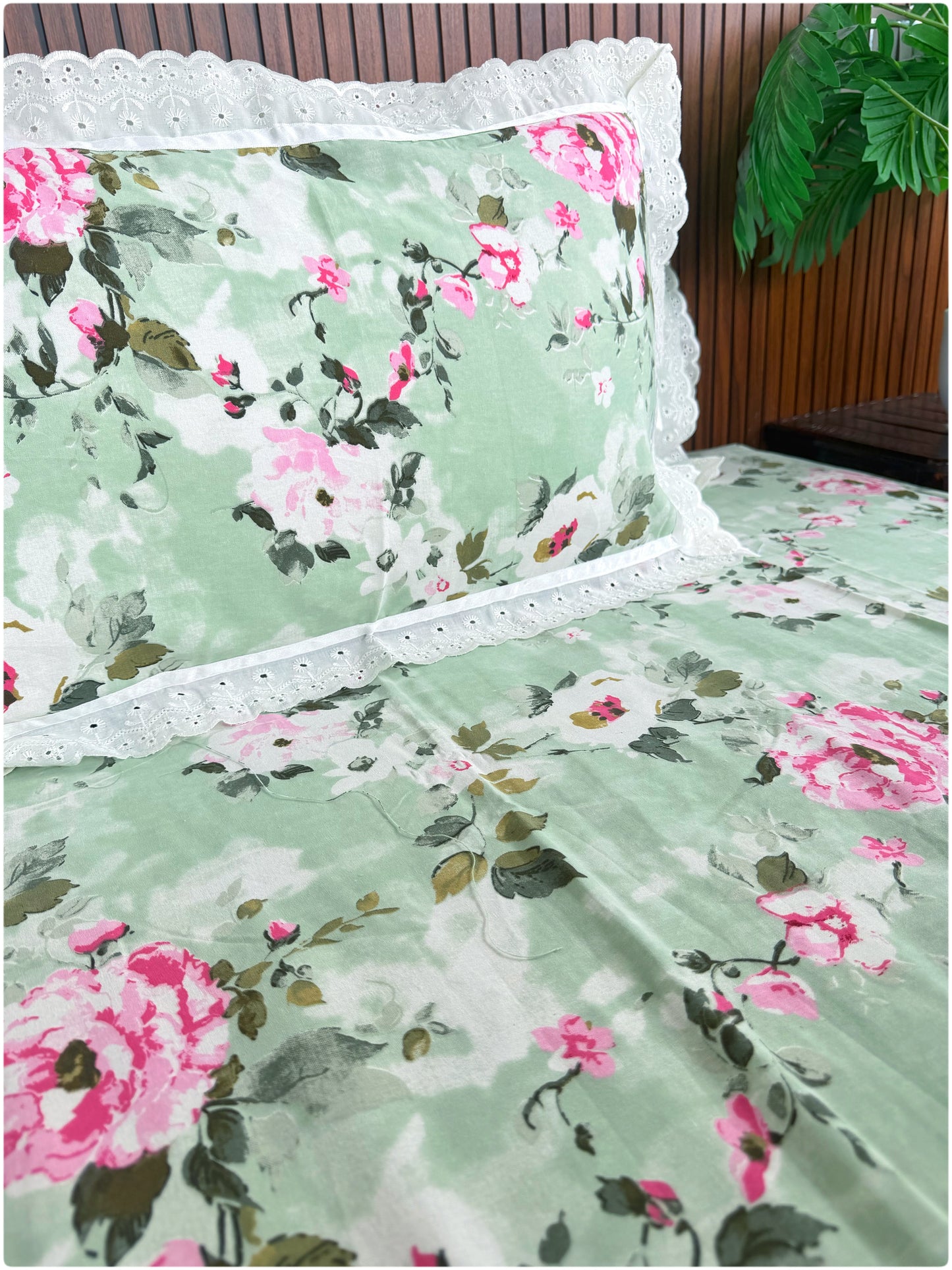 Floral Printed Super King Sized Bedsheet & Pillow Covers with Lace - Lime