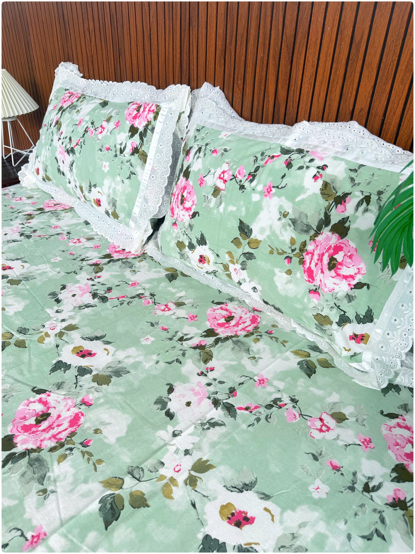 Floral Printed Super King Sized Bedsheet & Pillow Covers with Lace - Lime