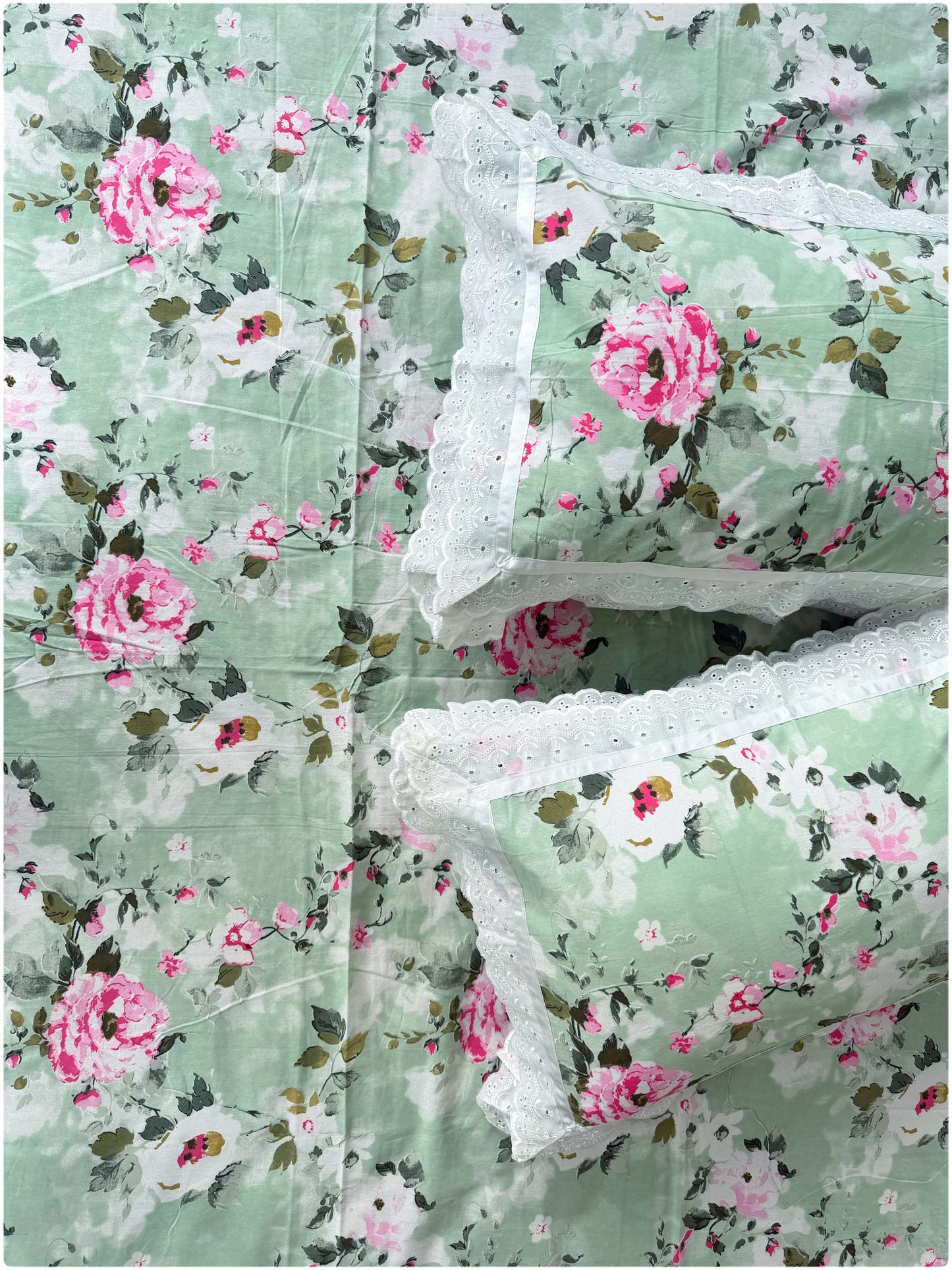 Floral Printed Super King Sized Bedsheet & Pillow Covers with Lace - Lime