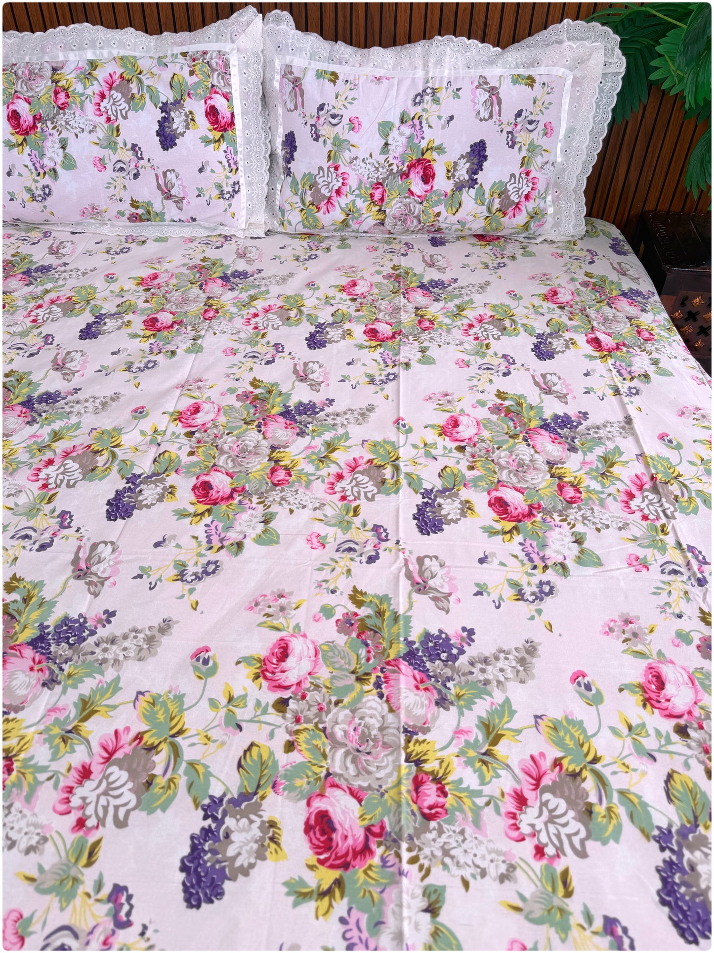 Floral Printed Super King Sized Bedsheet & Pillow Covers with Lace - Baby Pink