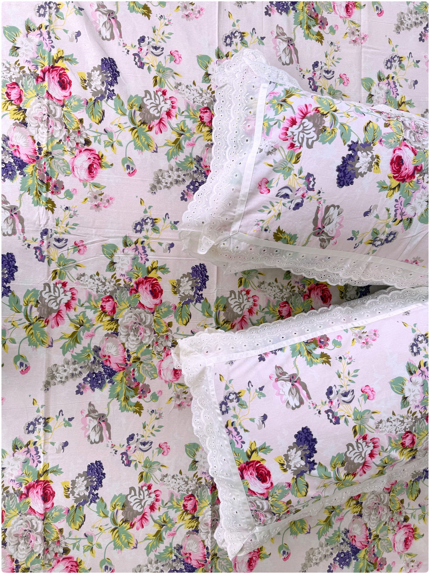 Floral Printed Super King Sized Bedsheet & Pillow Covers with Lace - Baby Pink