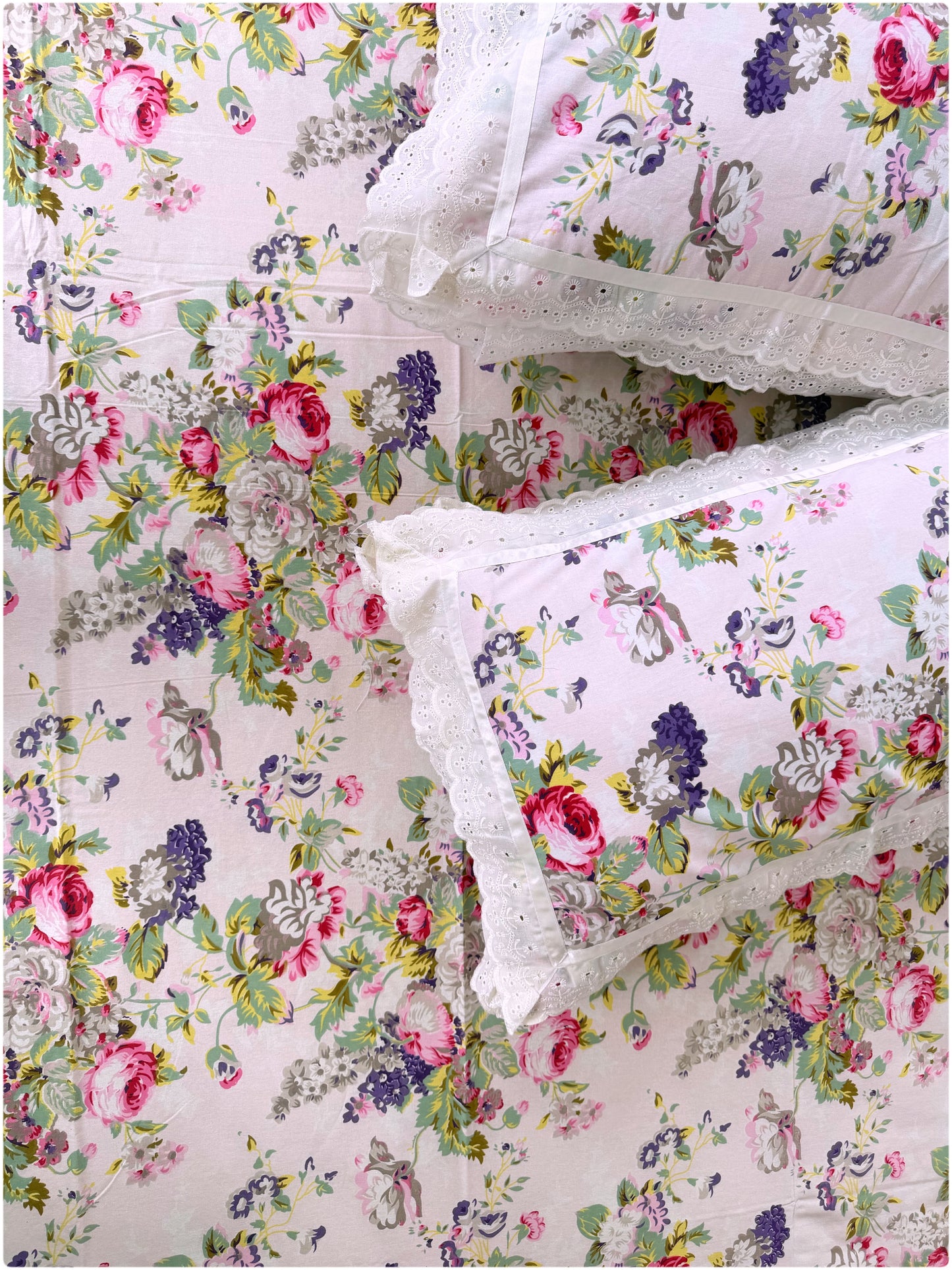 Floral Printed Super King Sized Bedsheet & Pillow Covers with Lace - Baby Pink