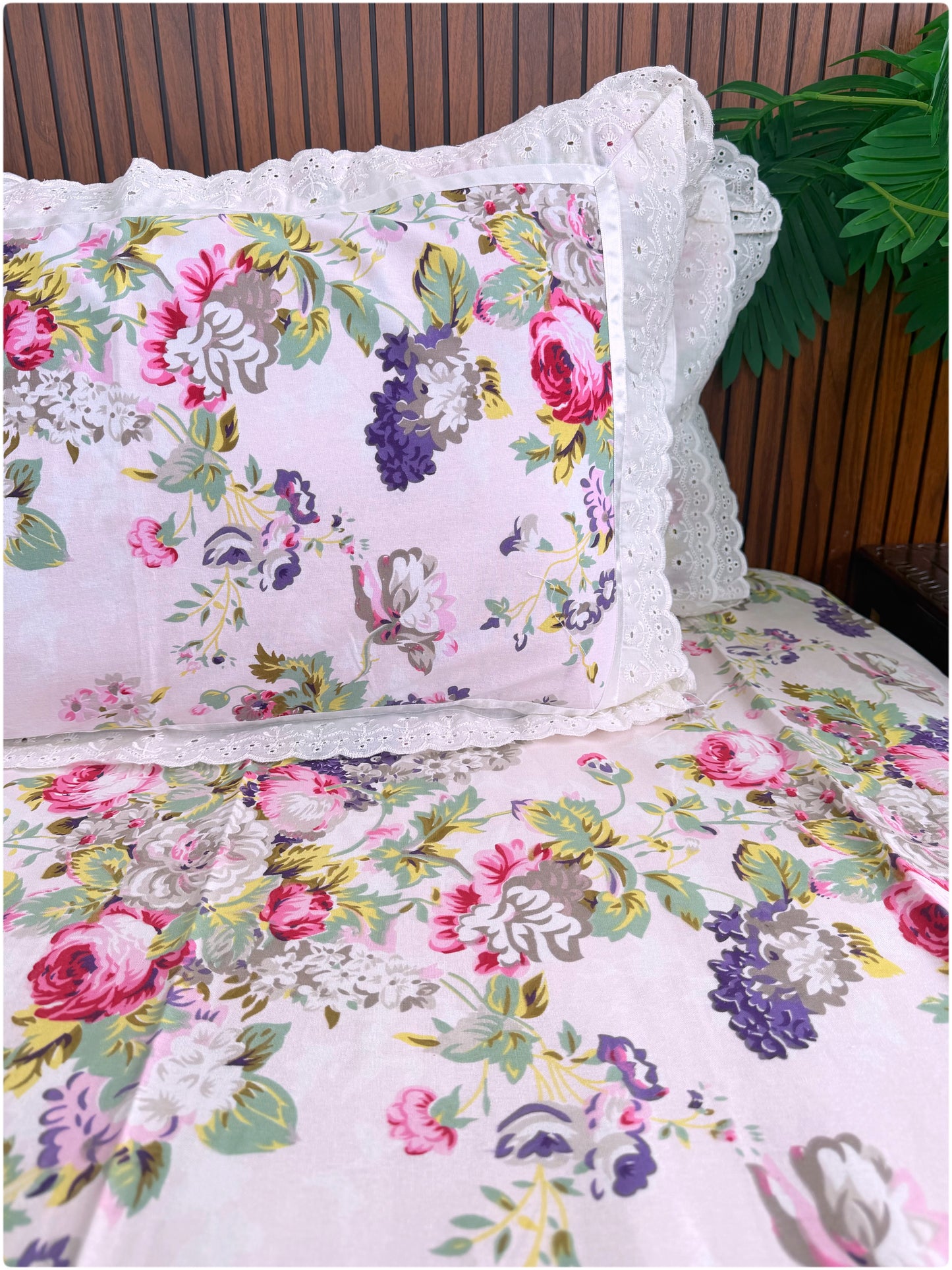 Floral Printed Super King Sized Bedsheet & Pillow Covers with Lace - Baby Pink