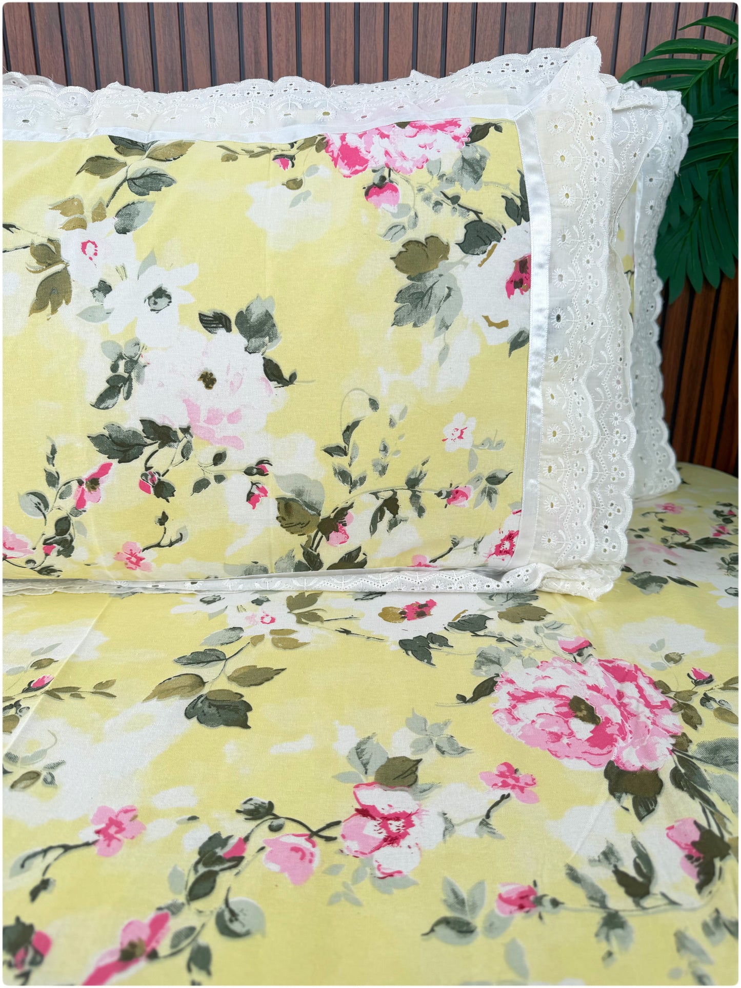 Floral Printed Super King Sized Bedsheet & Pillow Covers with Lace - Lemon