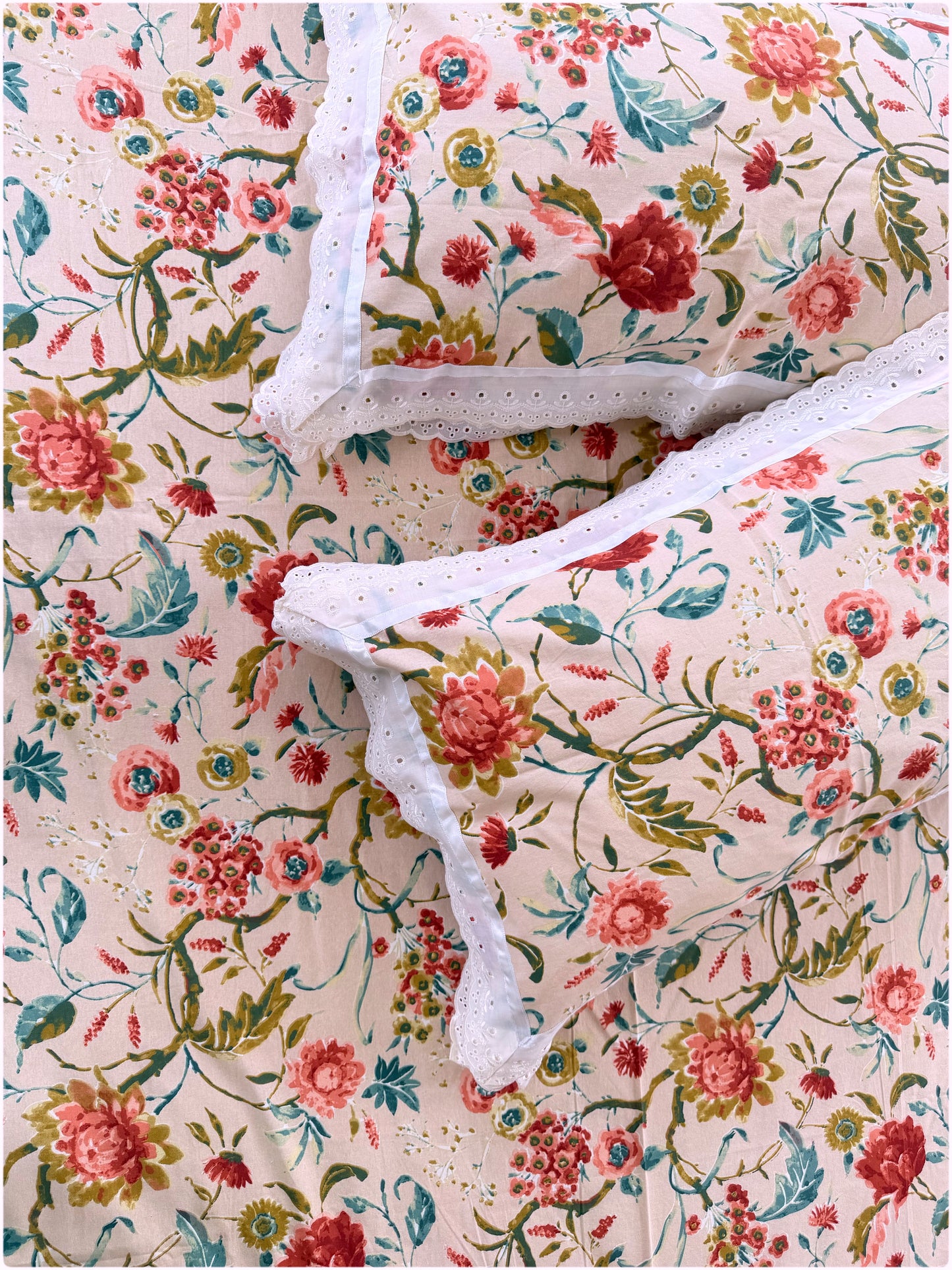 Floral Printed Super King Sized Bedsheet & Pillow Covers with Lace - Peach