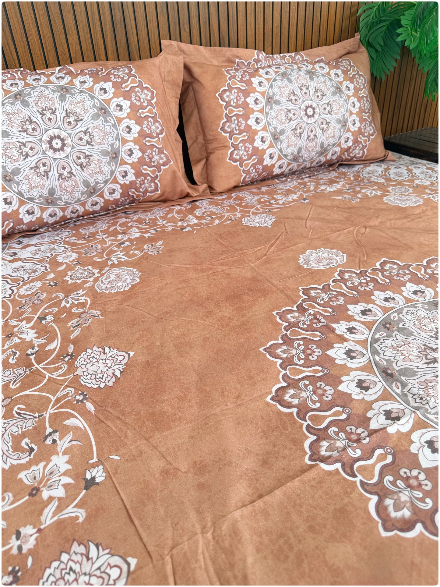 Ethnic Premium Super King Size Bedsheet - 300TC - Rust