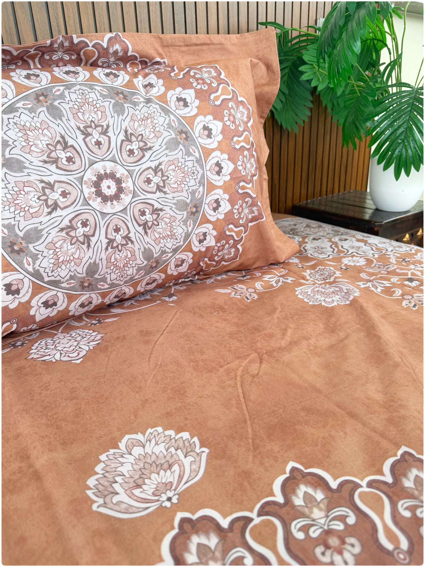 Ethnic Premium Super King Size Bedsheet - 300TC - Rust