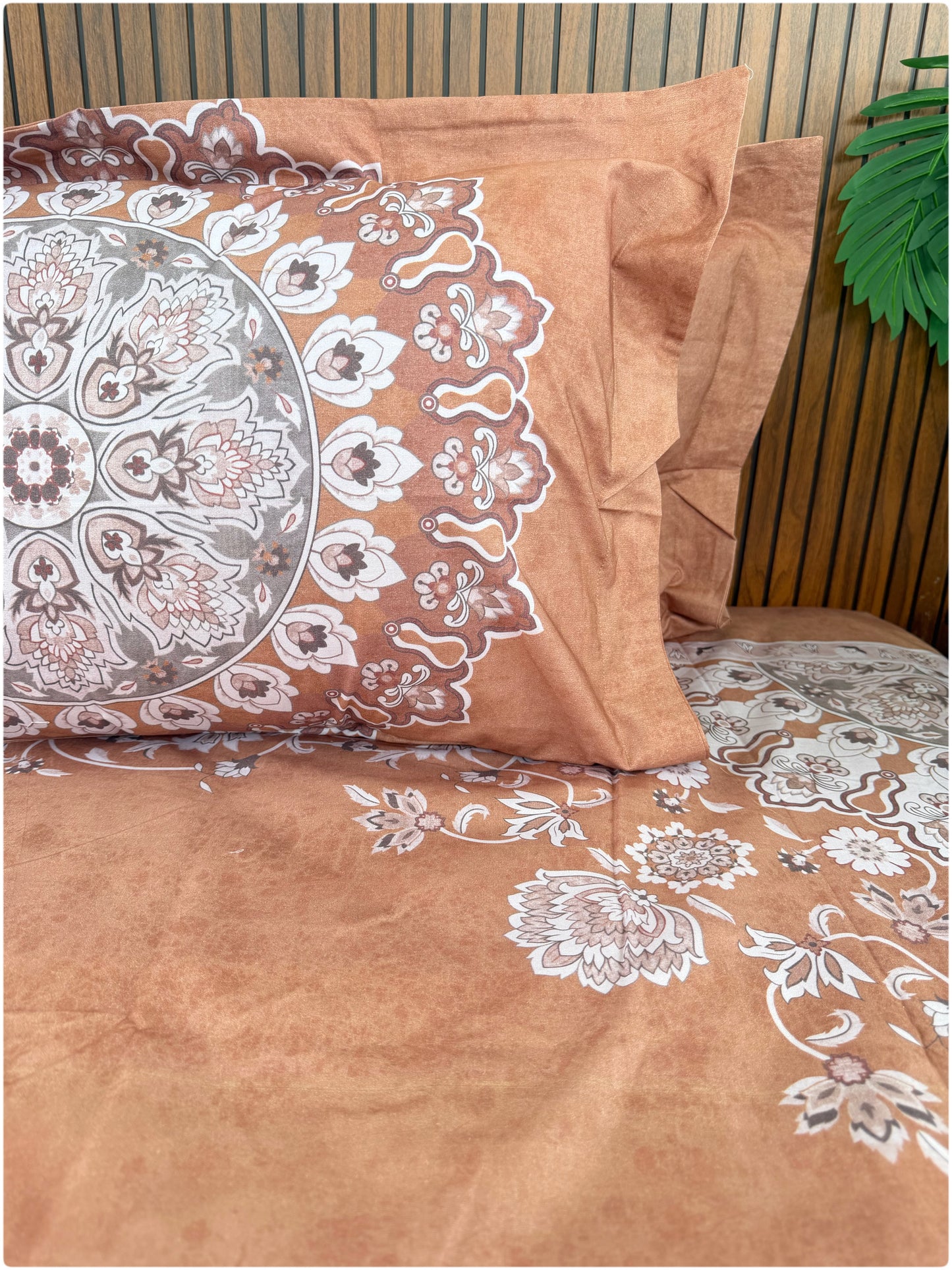 Ethnic Premium Super King Size Bedsheet - 300TC - Rust