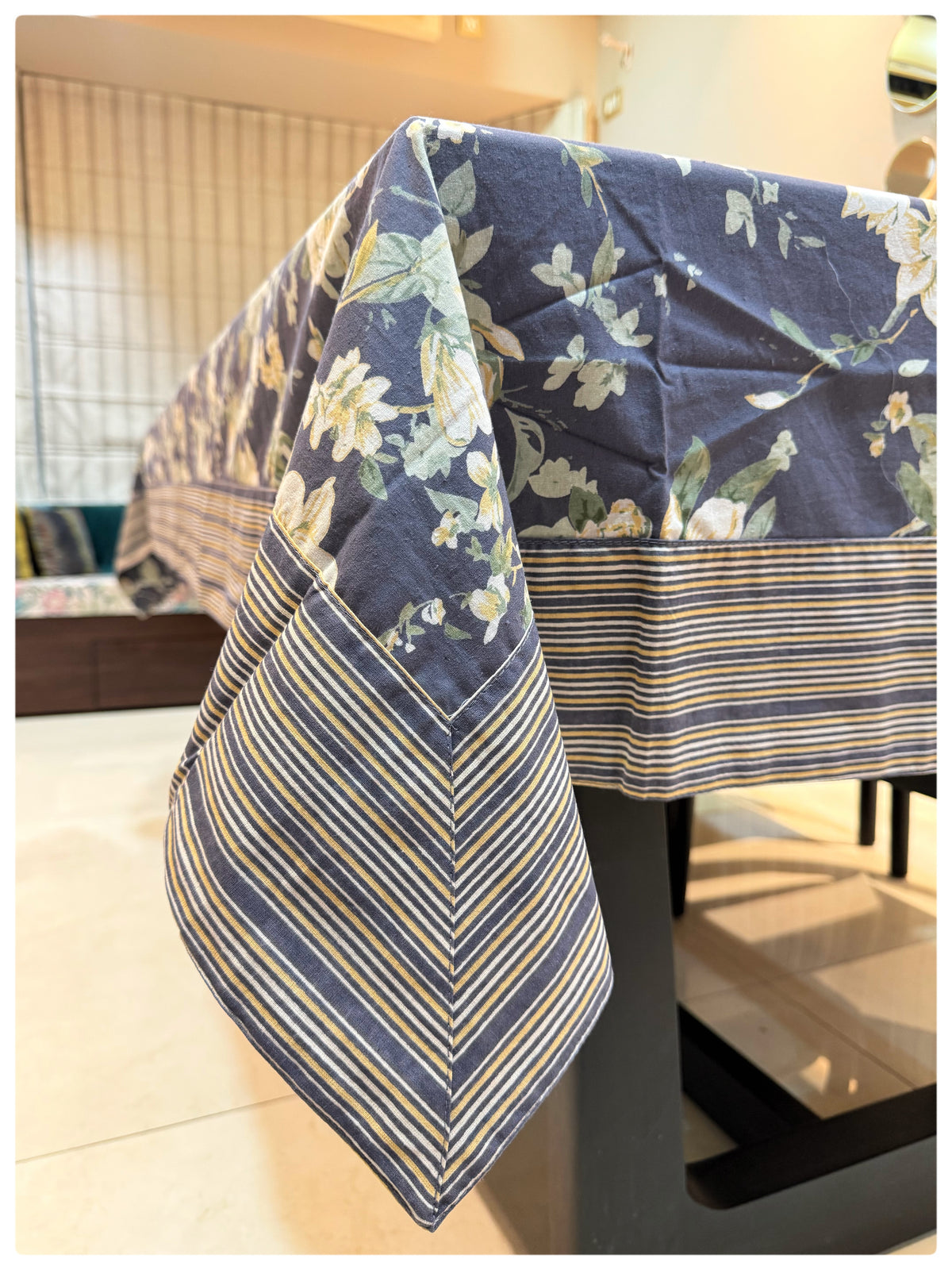 Ajrakh Bluish Grey Floral Table Cover – 6 Seater