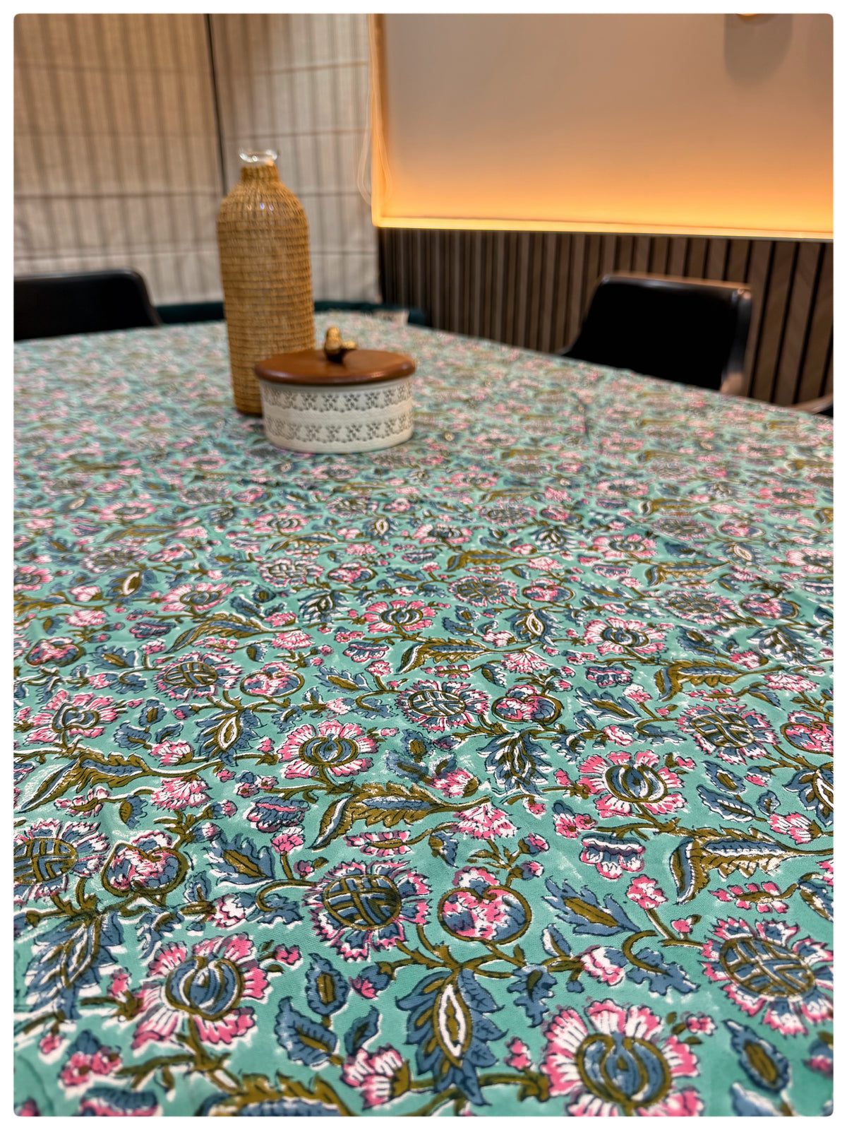 Handblock Sea Green Floral Table Cover – 6 Seater