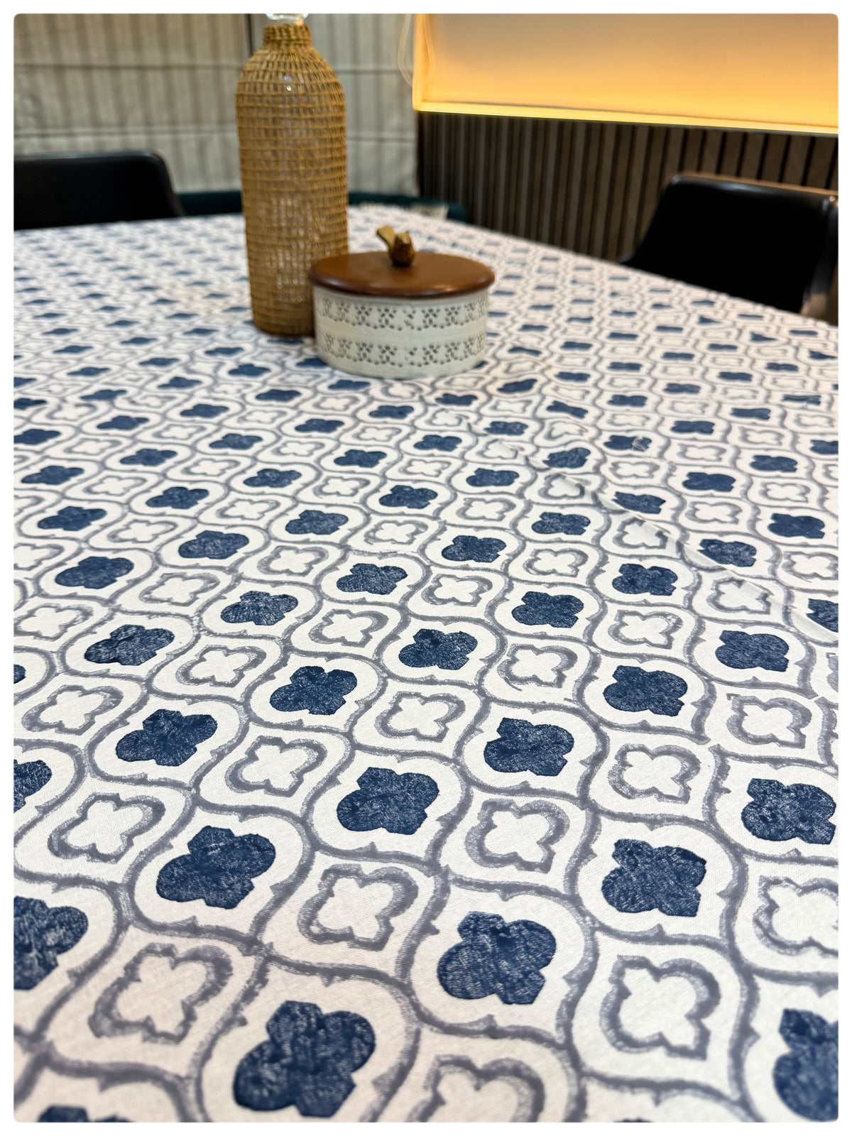 Handblock White & Navy Table Cover – 6 Seater