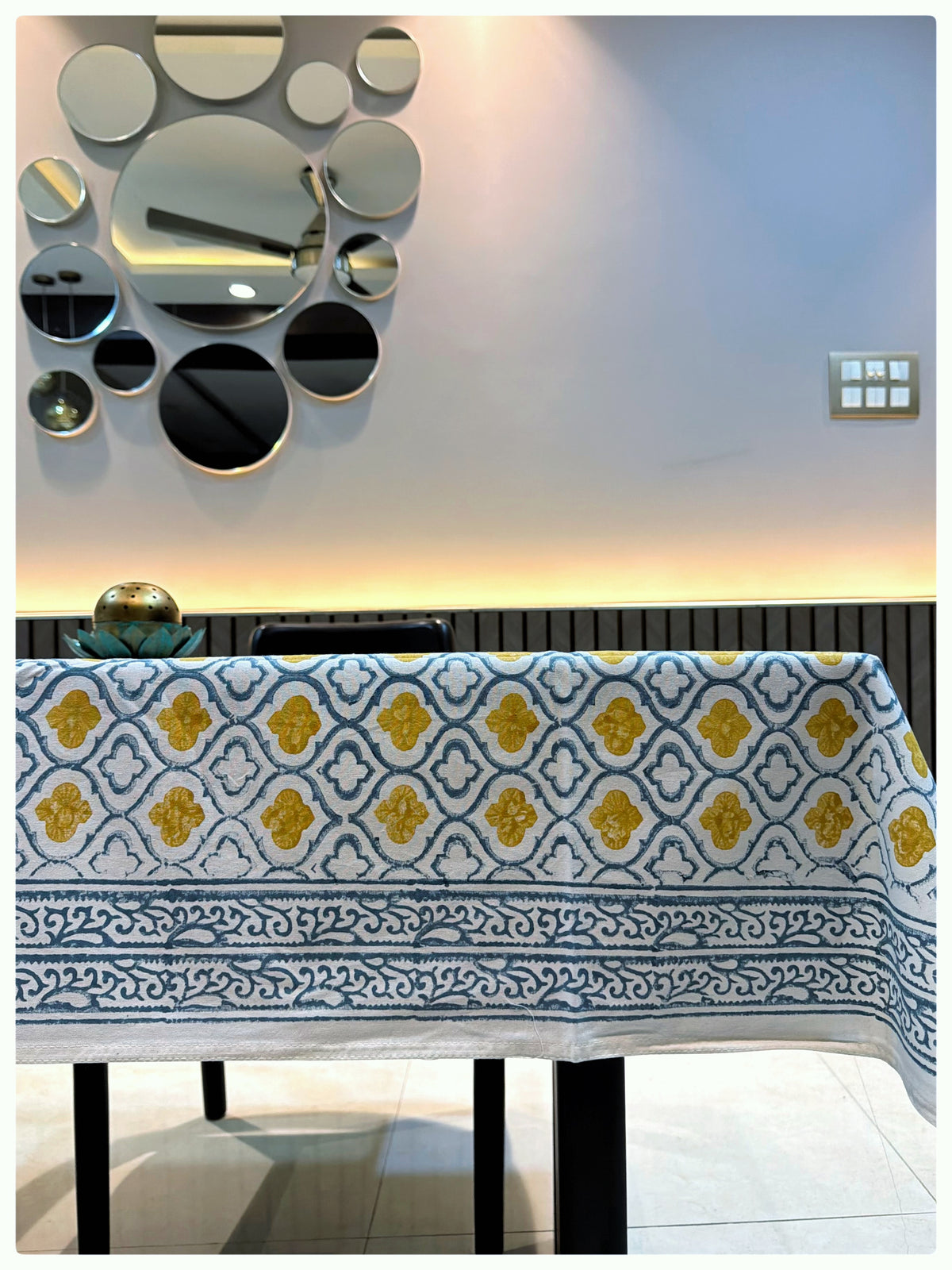 Handblock White & Mustard Table Cover – 4 Seater (40 x 60 inches)