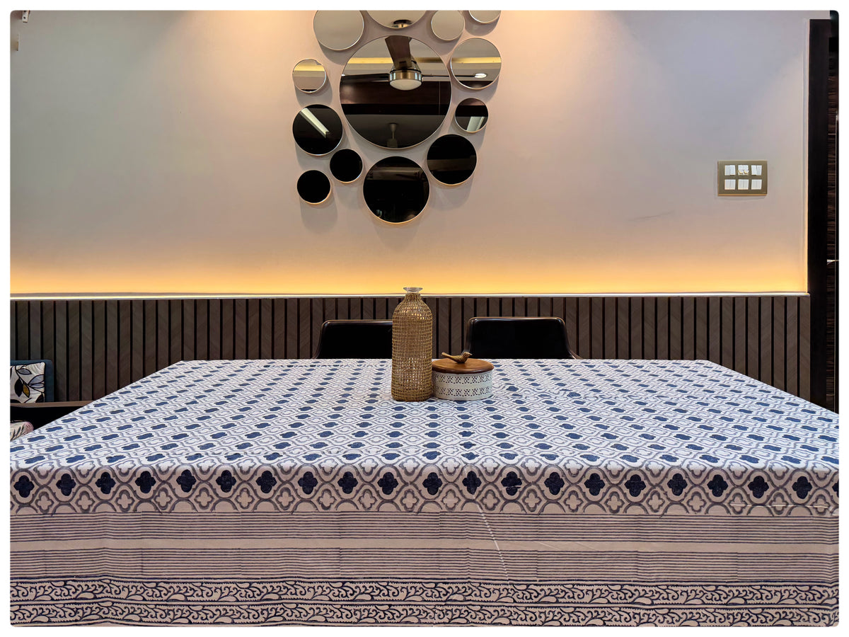 Handblock White & Navy Table Cover – 6 Seater
