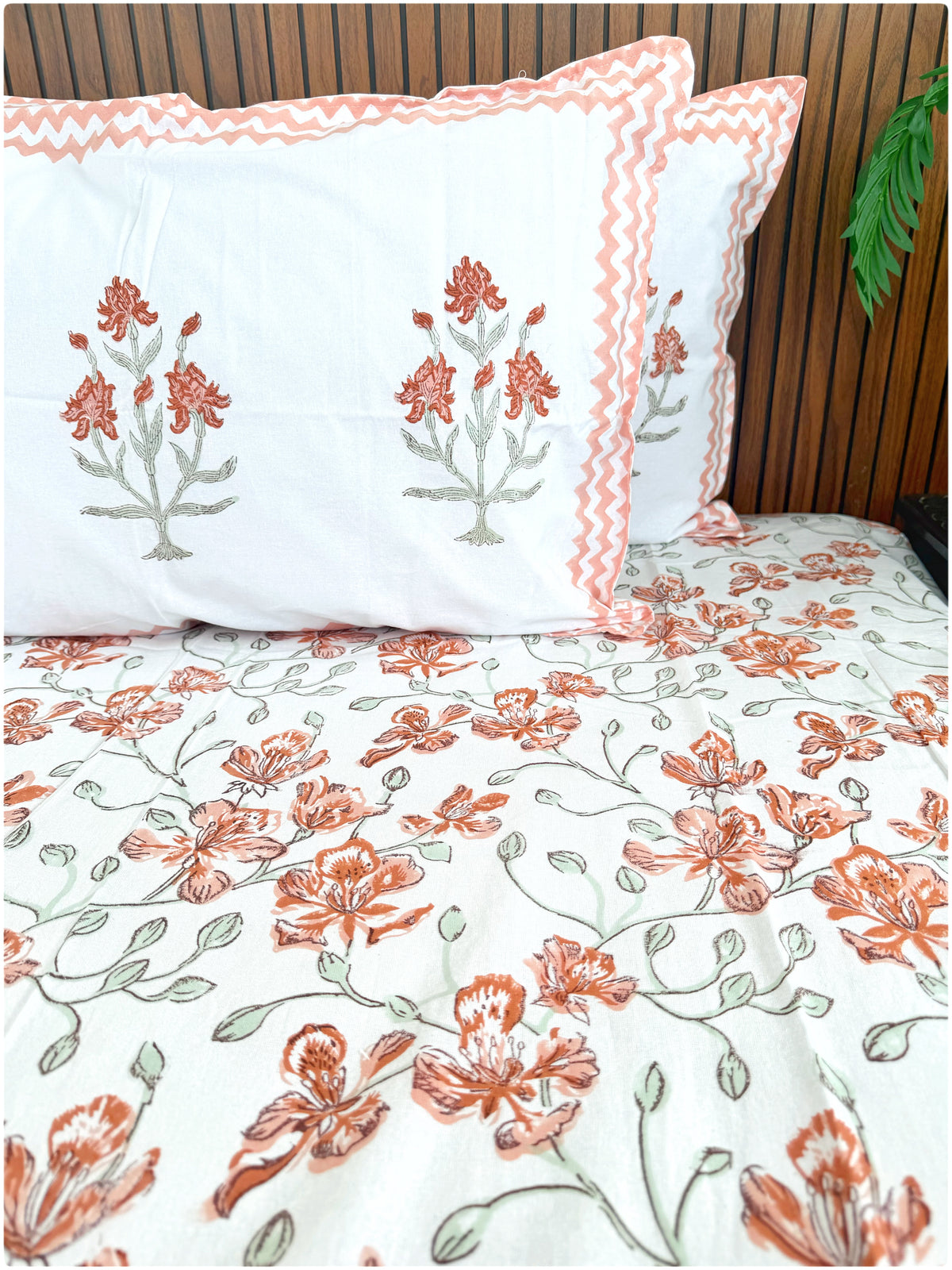 White & Peach OG Handblock Super King Bedsheet