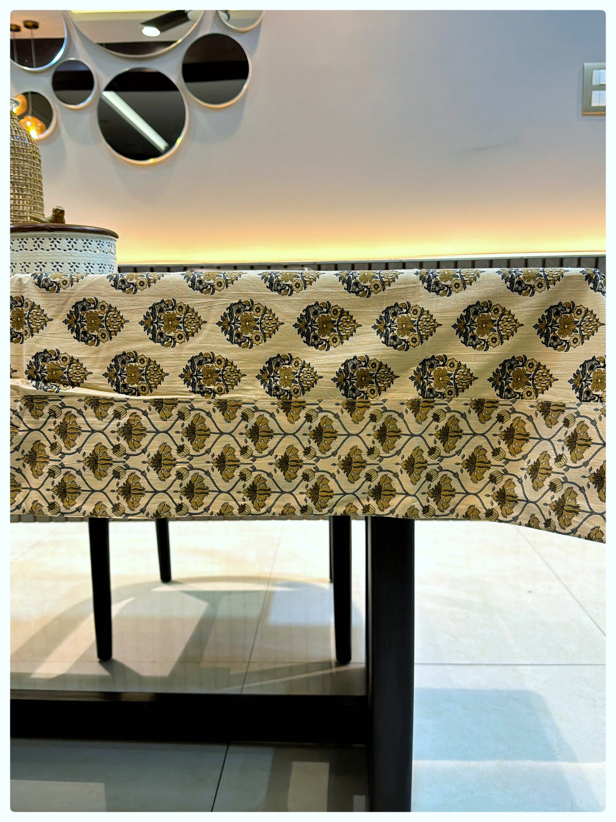 Ajrakh Cream & M.Green Table Cover – 4 Seater (40 x 60 inches)