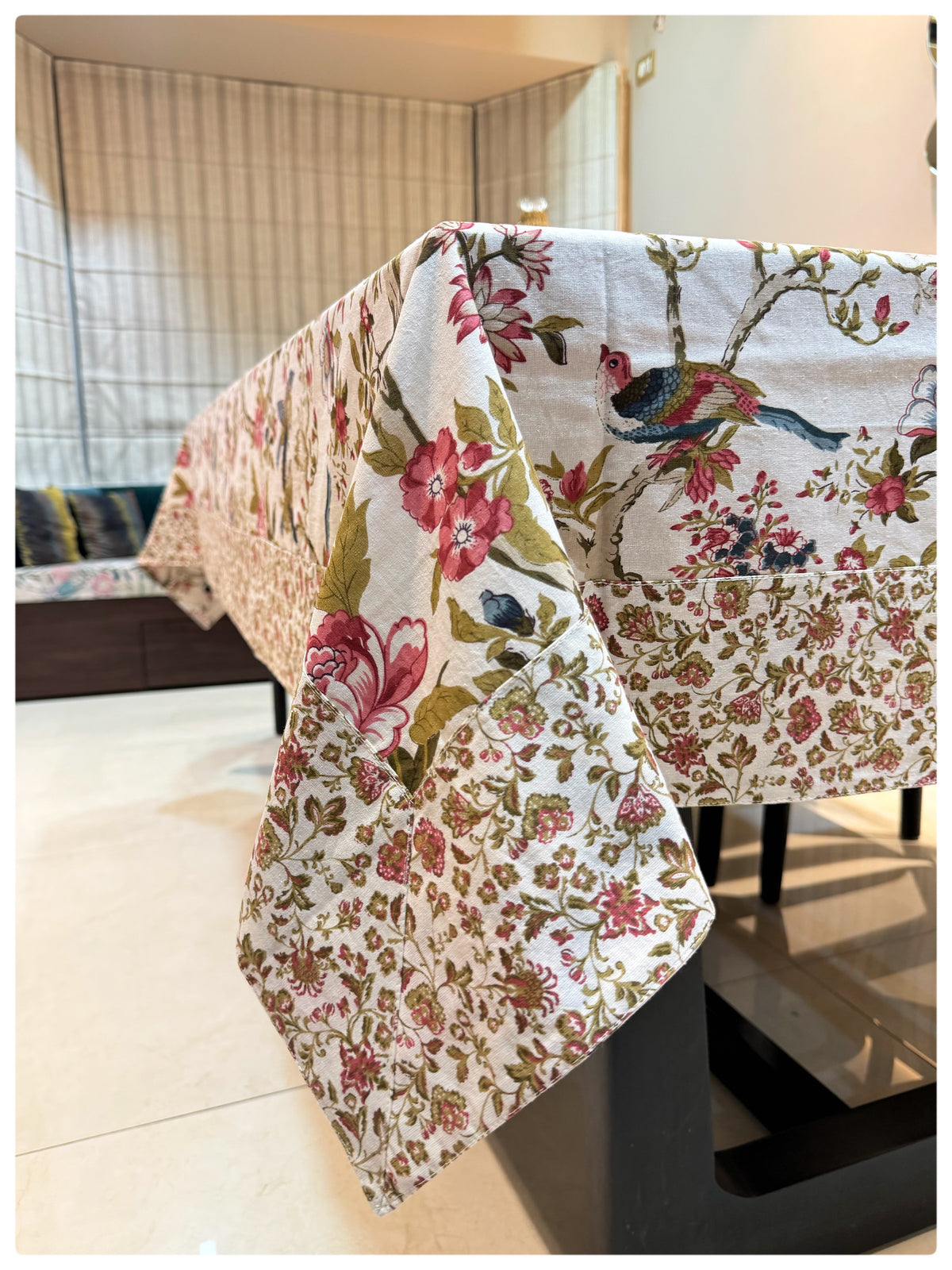 Ajrakh White Floral Table Cover – 6 Seater