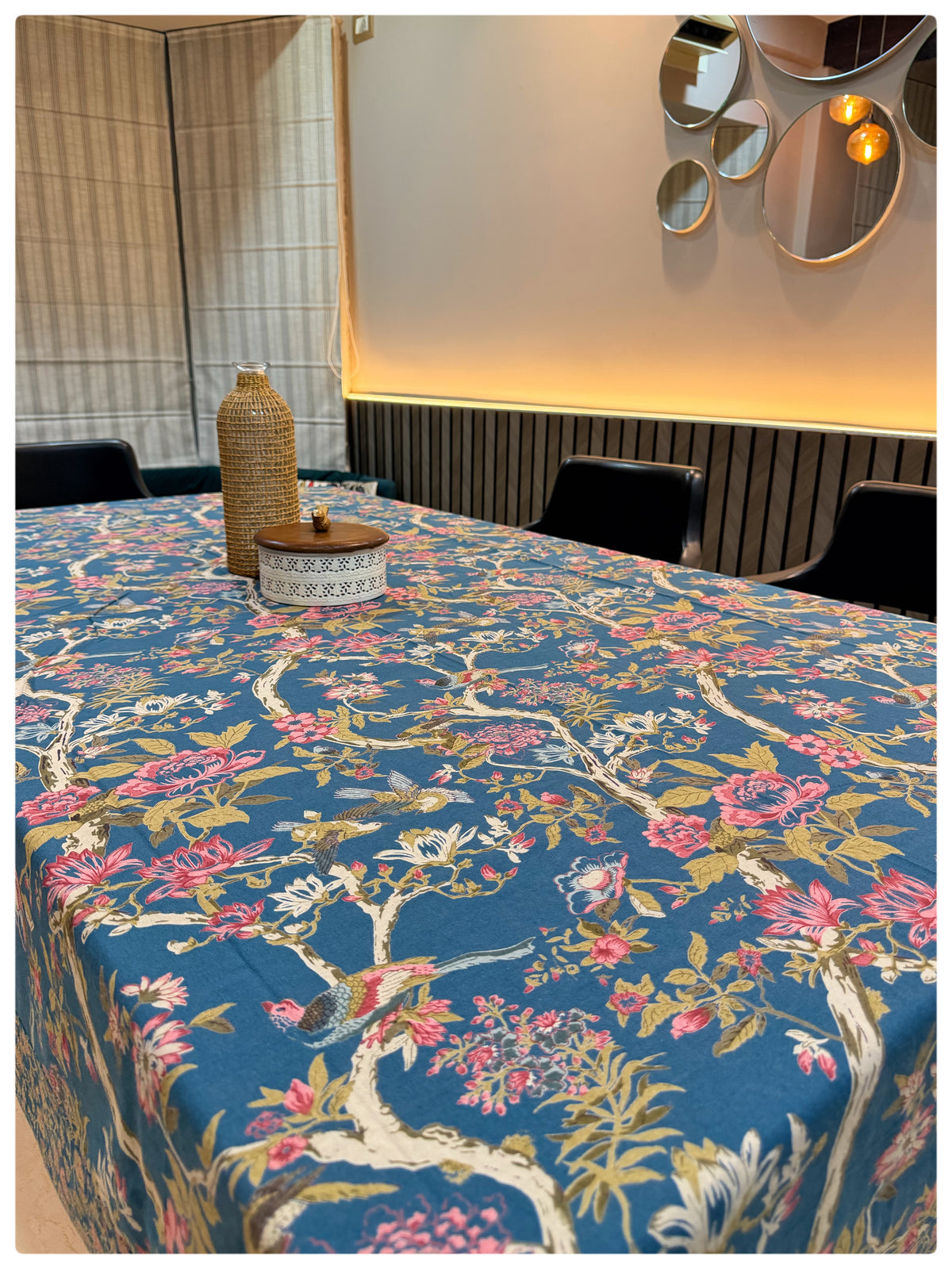 Ajrakh Teal Blue Floral Table Cover – 6 Seater