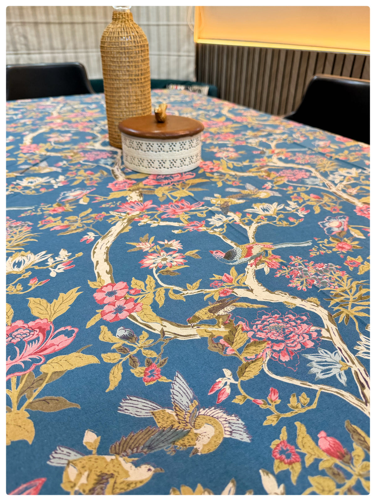 Ajrakh Teal Blue Floral Table Cover – 6 Seater