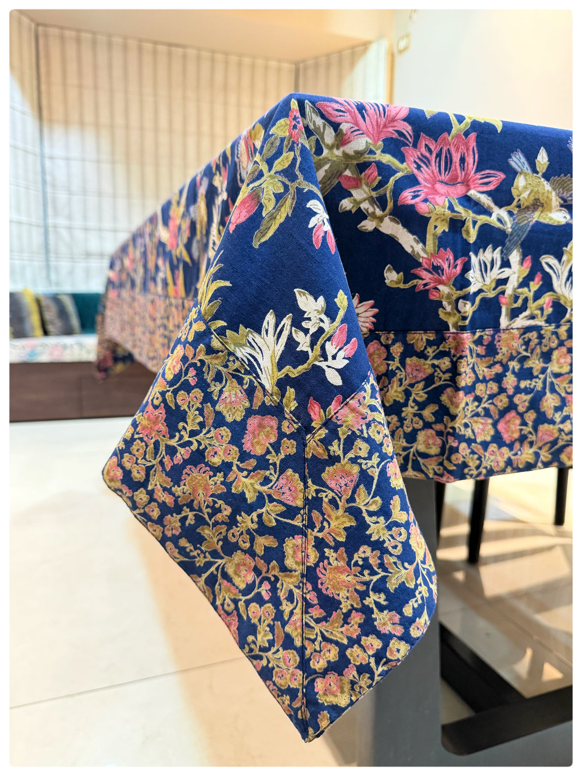 Ajrakh Navy Floral Table Cover – 6 Seater
