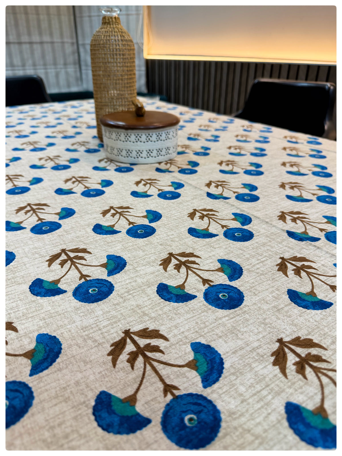 Ajrakh Cream & Blue Floral Table Cover – 6 Seater