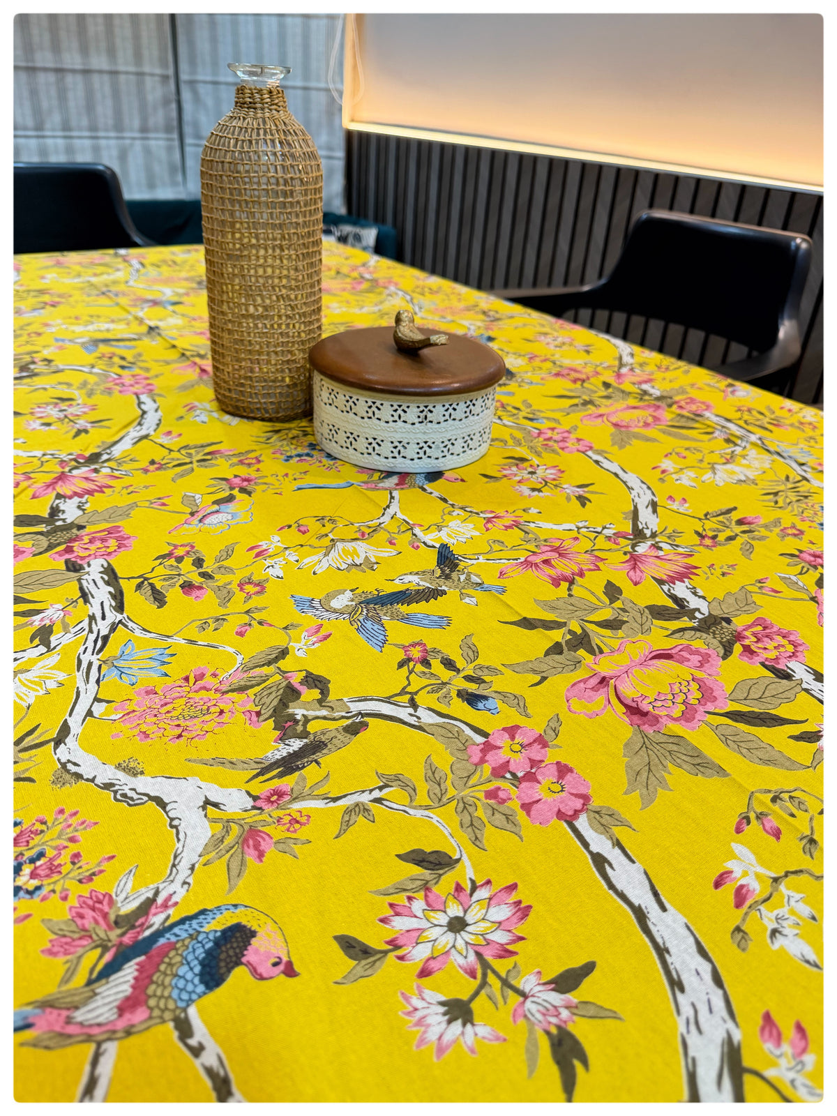 Ajrakh Bright Yellow Floral Table Cover – 6 Seater