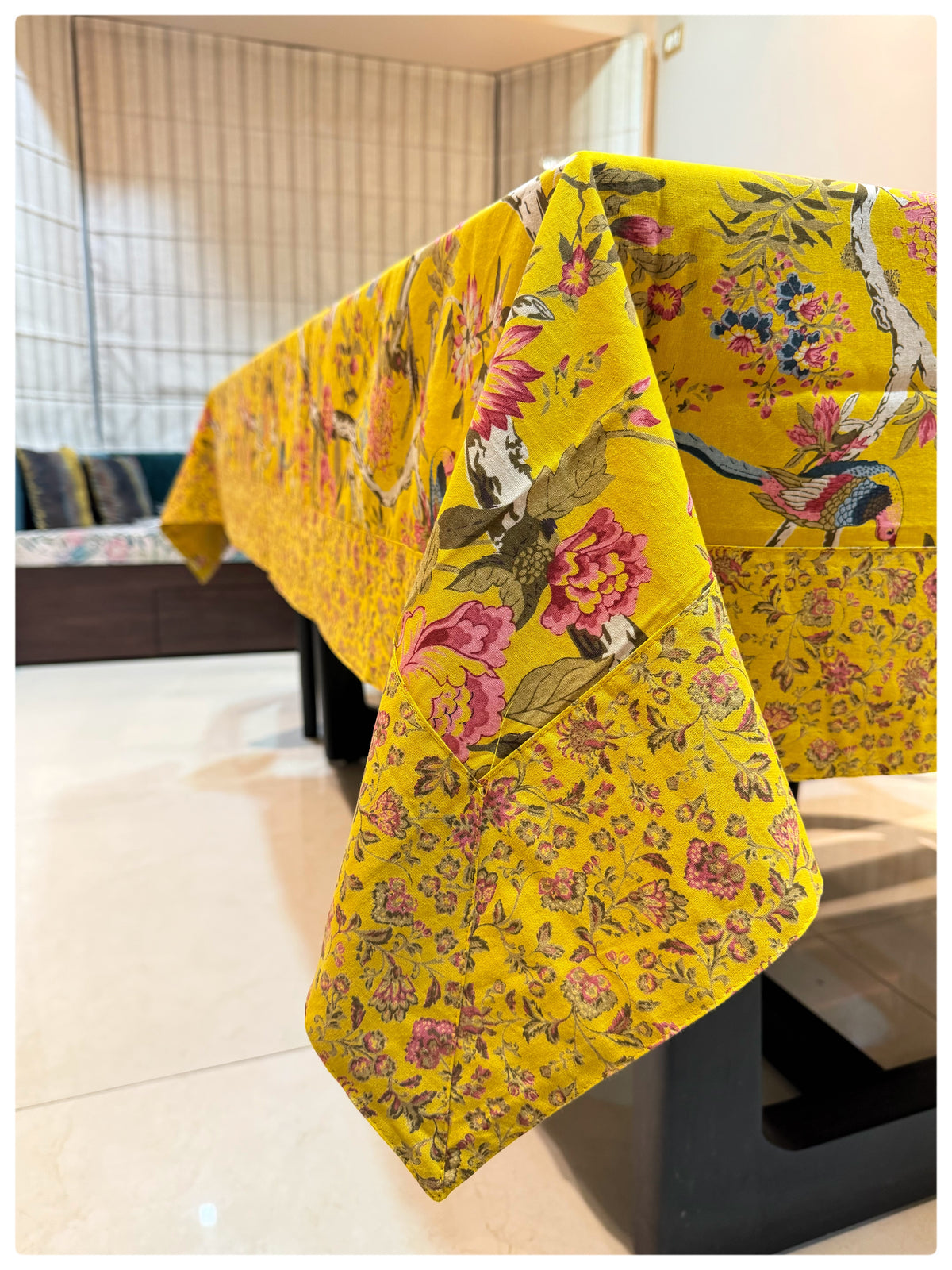 Ajrakh Bright Yellow Floral Table Cover – 6 Seater