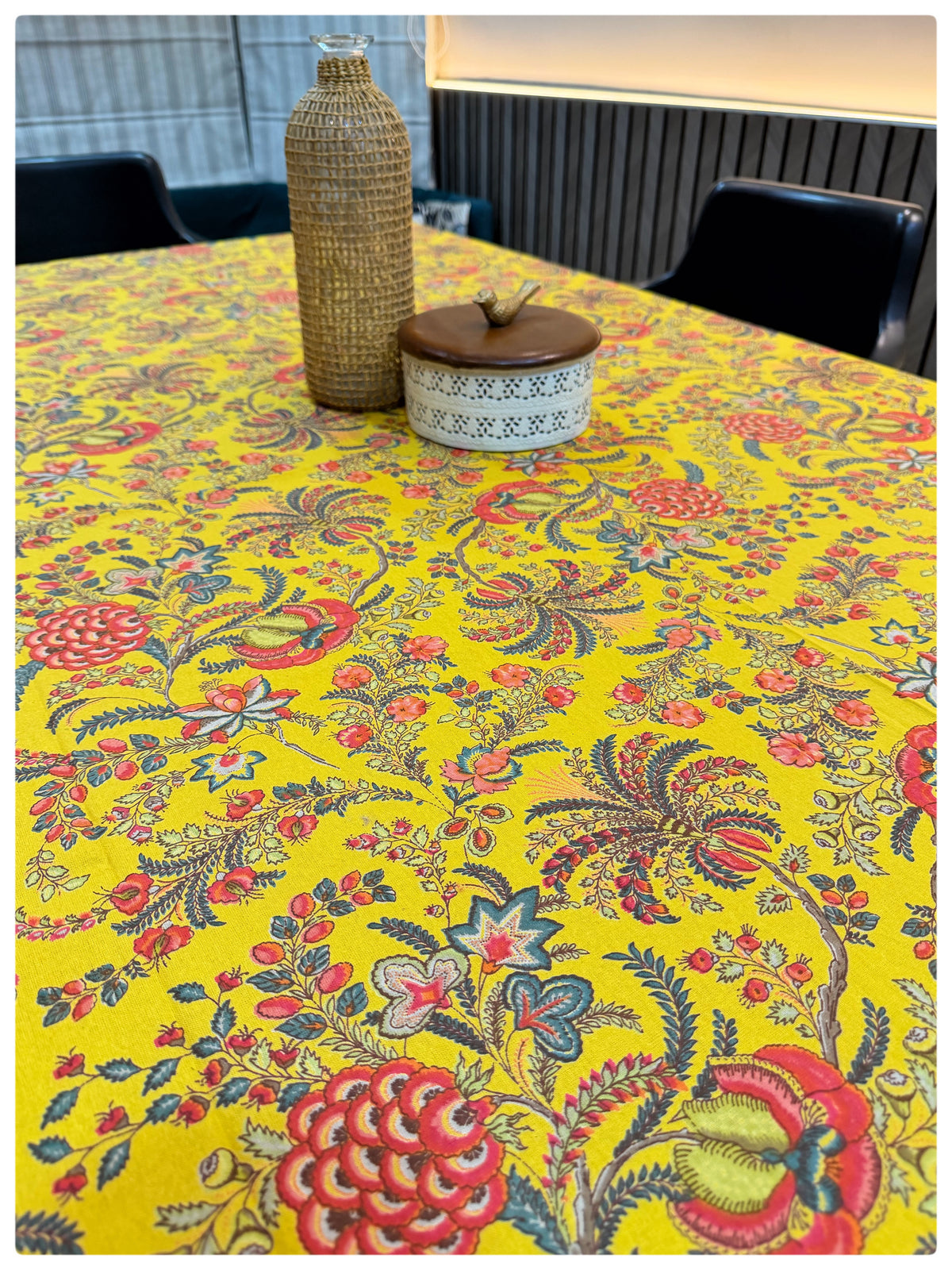 Ajrakh Classic Yellow Floral Table Cover – 6 Seater